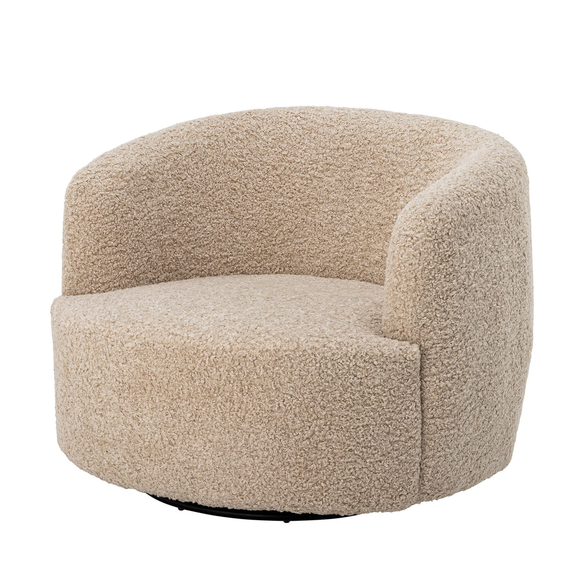 Bocca Loungesessel in Beige mit texturiertem Polyesterbezug, organischer Form und drehbarem Untergestell aus Kiefernholz und Eisen, Beine in Natur.
