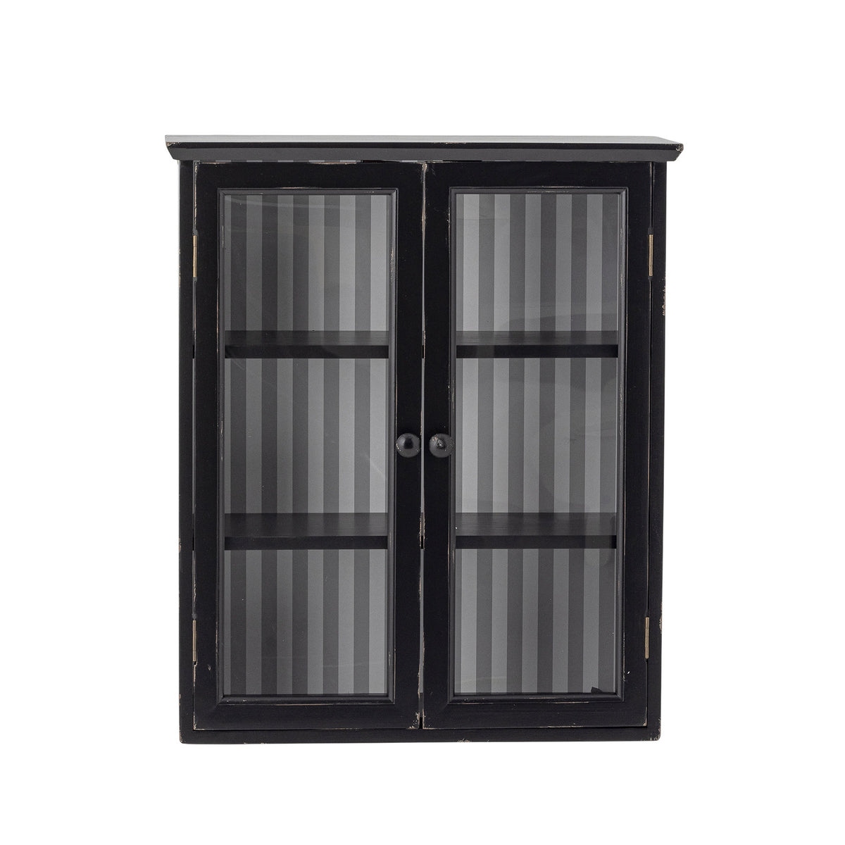Hazem Kabinett von Creative Collection, schwarzes Tannenholz mit Glastüren, leicht patinierte Oberfläche, Griffe aus Eisen.