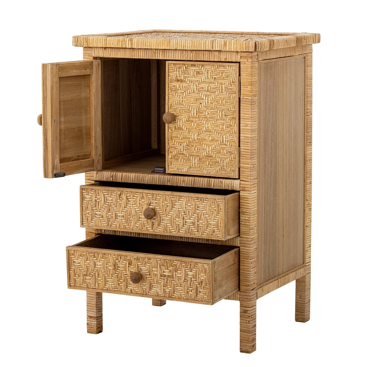 Die Lorris Schubladenkommode vereint elegantes Design aus Holz und Rattan mit praktischem Stauraum für ein harmonisches Wohnambiente.