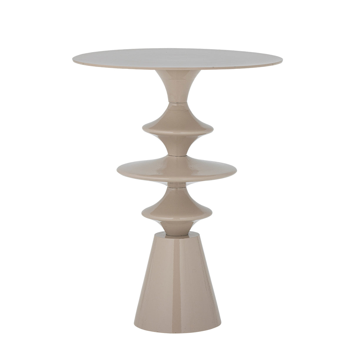 Samio Beistelltisch in Beige von Bloomingville, Aluminium mit pulverbeschichteter Hochglanzoberfläche, runde skulpturale Form, Beine in Natur.
