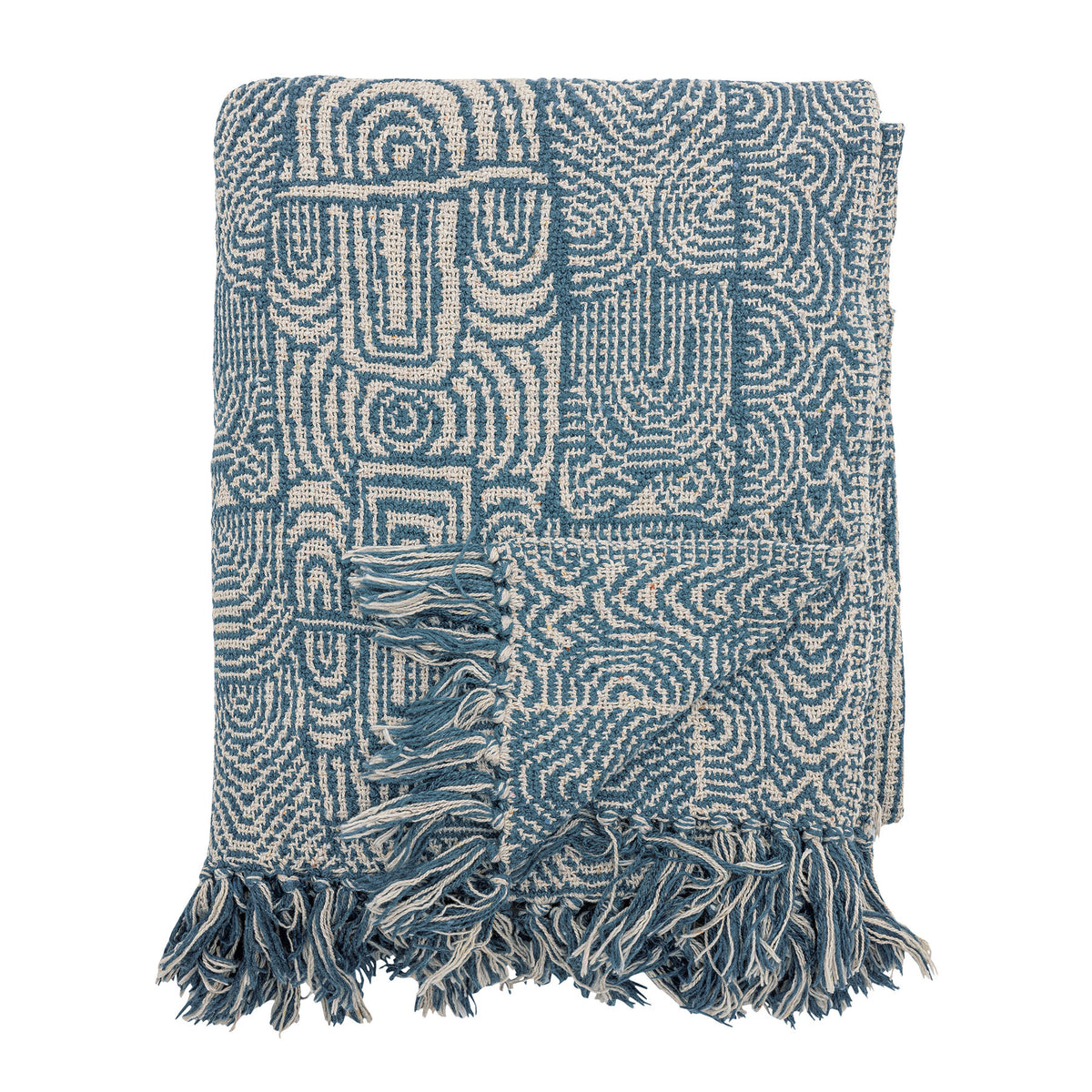 Wolldecke Bresso von Bloomingville in Blau-Weiss, geflochtene Oberfläche aus Mischfasern mit Fransen entlang der Kanten, 160x130cm