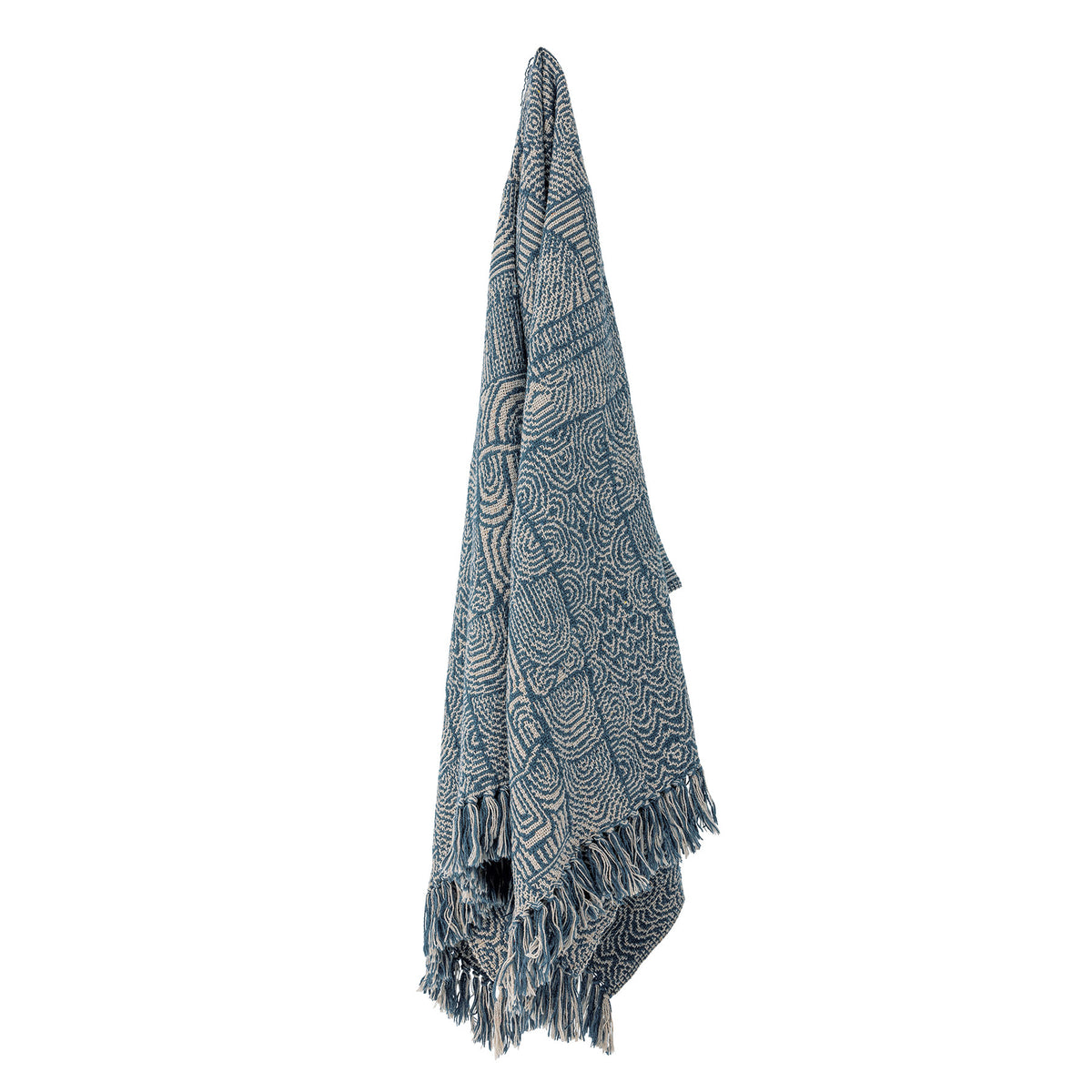Wolldecke Bresso von Bloomingville in Blau-Weiss, geflochtene Oberfläche aus Mischfasern mit Fransen entlang der Kanten, 160x130cm