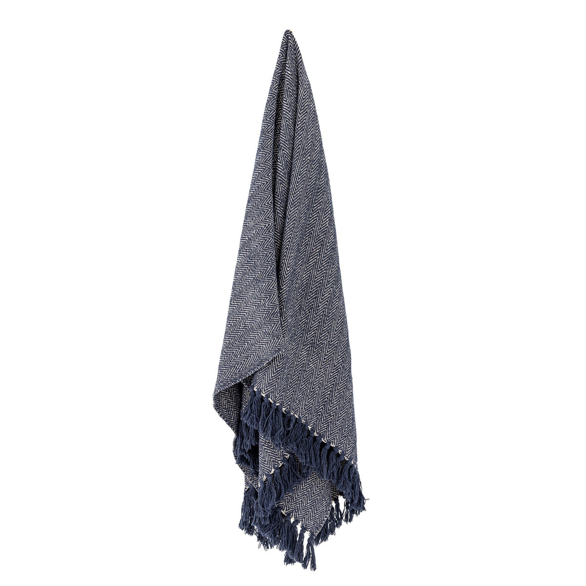 Wolldecke Herringbone in Blau mit Fischgrätmuster in Beige, geflochtene Oberfläche und Fransen an den Rändern, Mischfasern