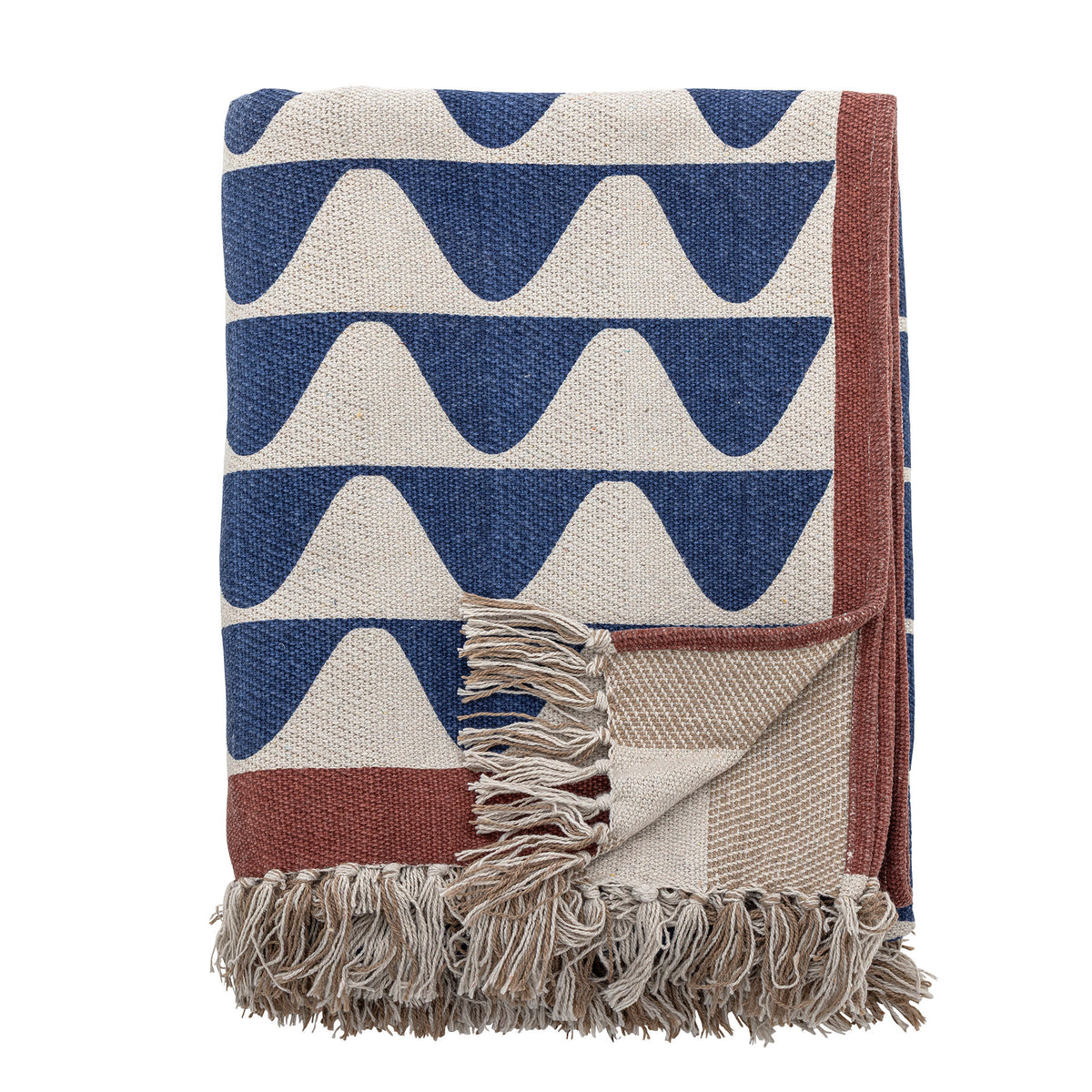 Wolldecke Rimme von Creative Collection in Multi mit blauem Wellenmuster, rotem Rand und Fransen, aus Mischfasern, 160x130 cm.
