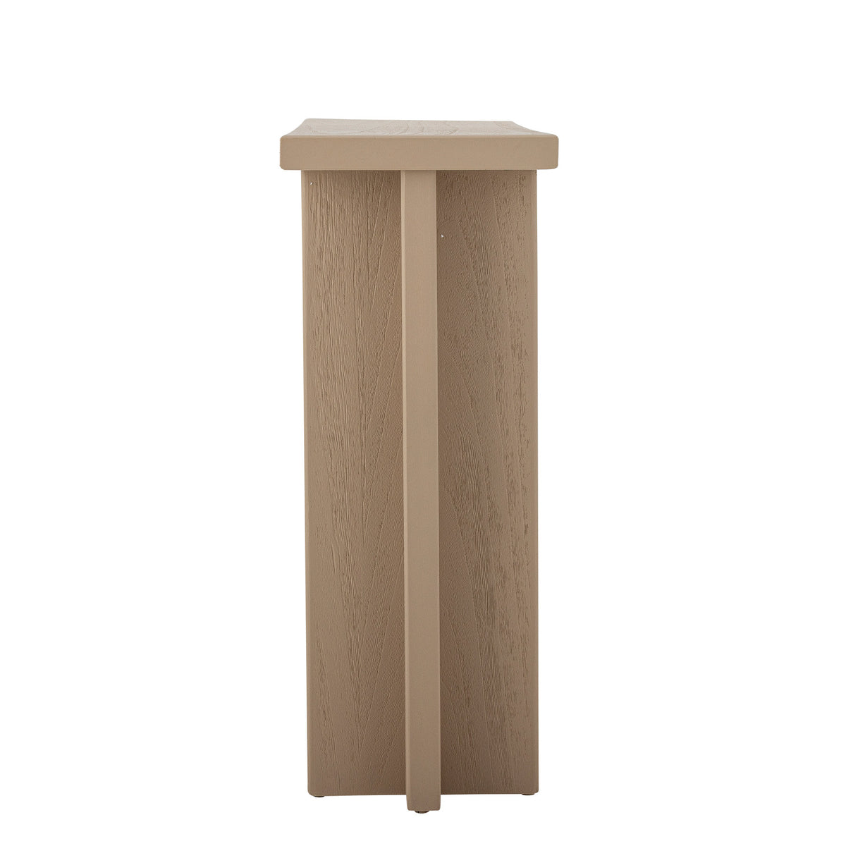 Konsolentisch Cupa in Beige aus Tannenholz mit lackierter Oberfläche, geteilten Seitenwangen und offener Ablagefläche im unteren Bereich.