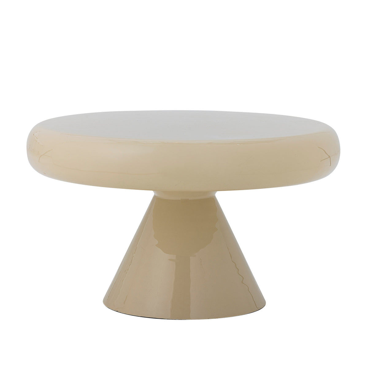 Ricko Couchtisch von Bloomingville in Beige, aus Eisen und MDF, mit runder Tischplatte auf konisch zulaufendem Säulenfuss und emaillierter Oberfläche.