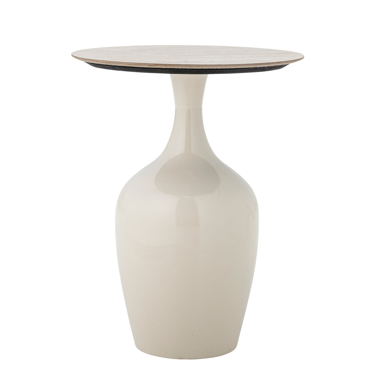 Runder Beistelltisch Lecco in Beige mit Keramikplatte und Eisen-Sockel, pulverbeschichtete Oberfläche, Höhe 52 cm, Durchmesser 40 cm.