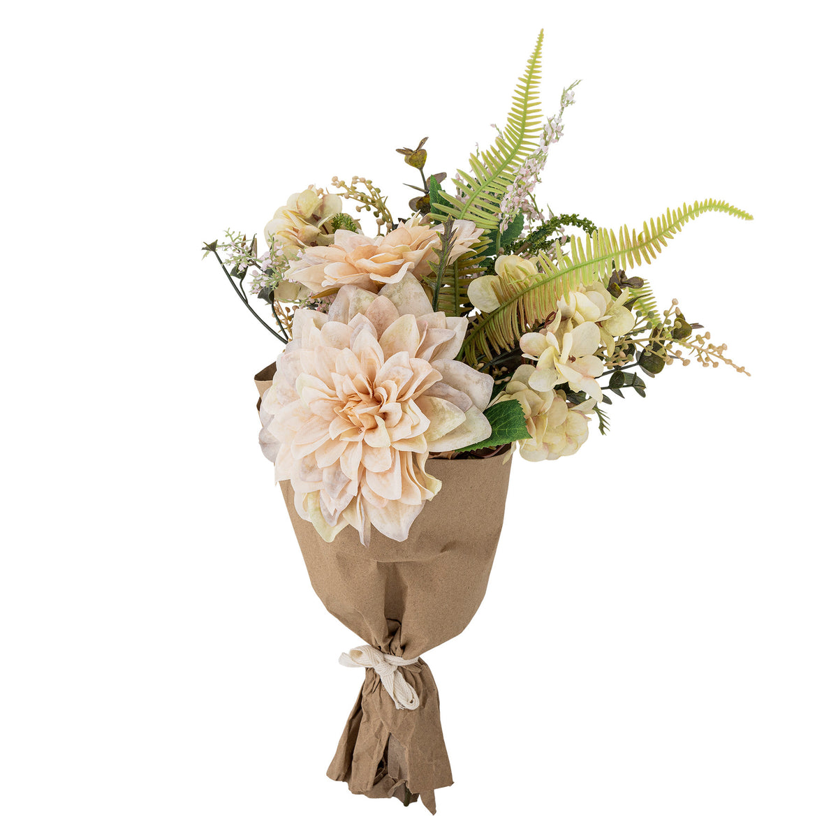 Glow Blumenstrauss in Beige von Bloomingville: künstliche Blumen mit zentraler Chrysantheme, umgeben von Blättern und Blüten, kompakte Form für kleine Vasen.