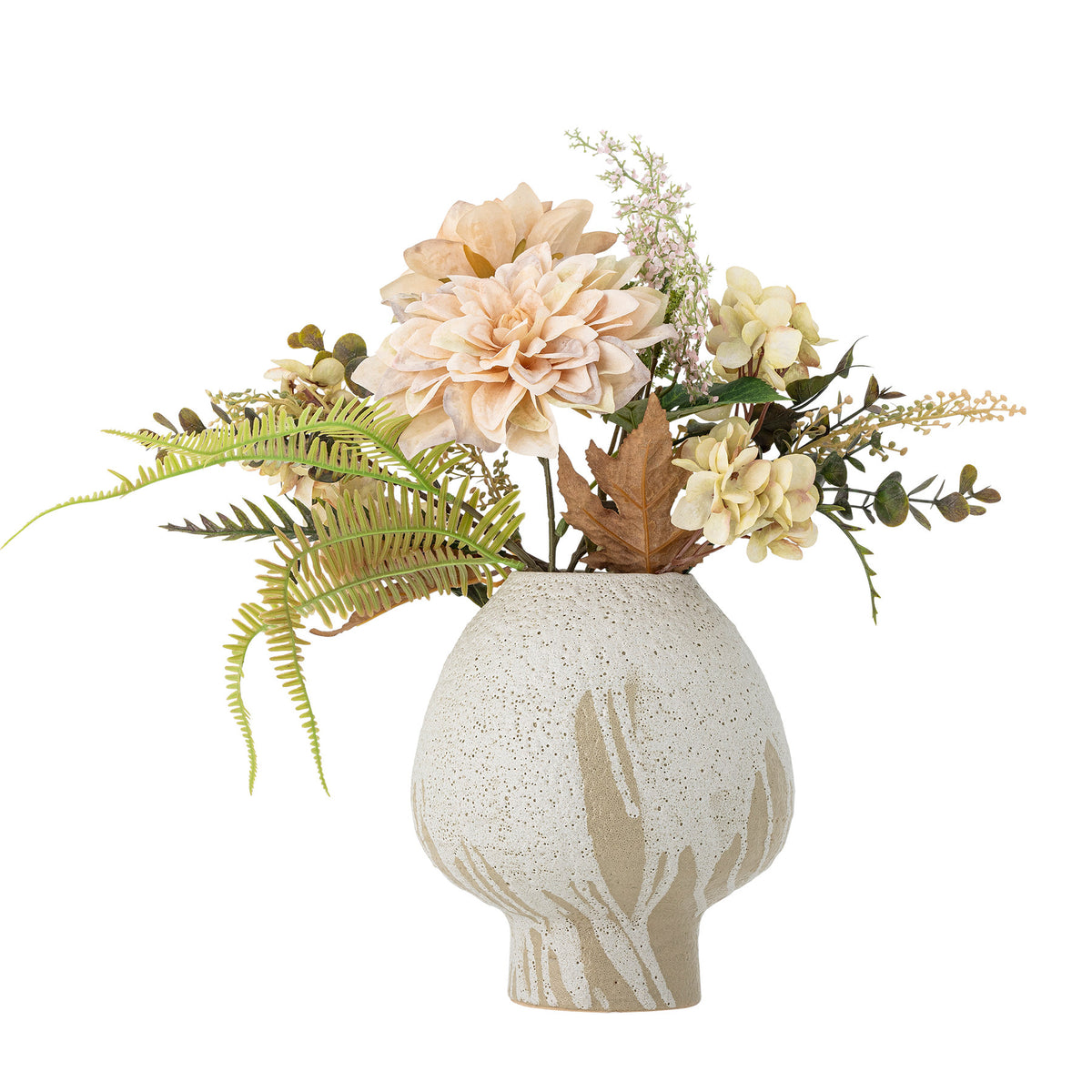 Glow Blumenstrauss in Beige von Bloomingville: künstliche Blumen mit zentraler Chrysantheme, umgeben von Blättern und Blüten, kompakte Form für kleine Vasen.