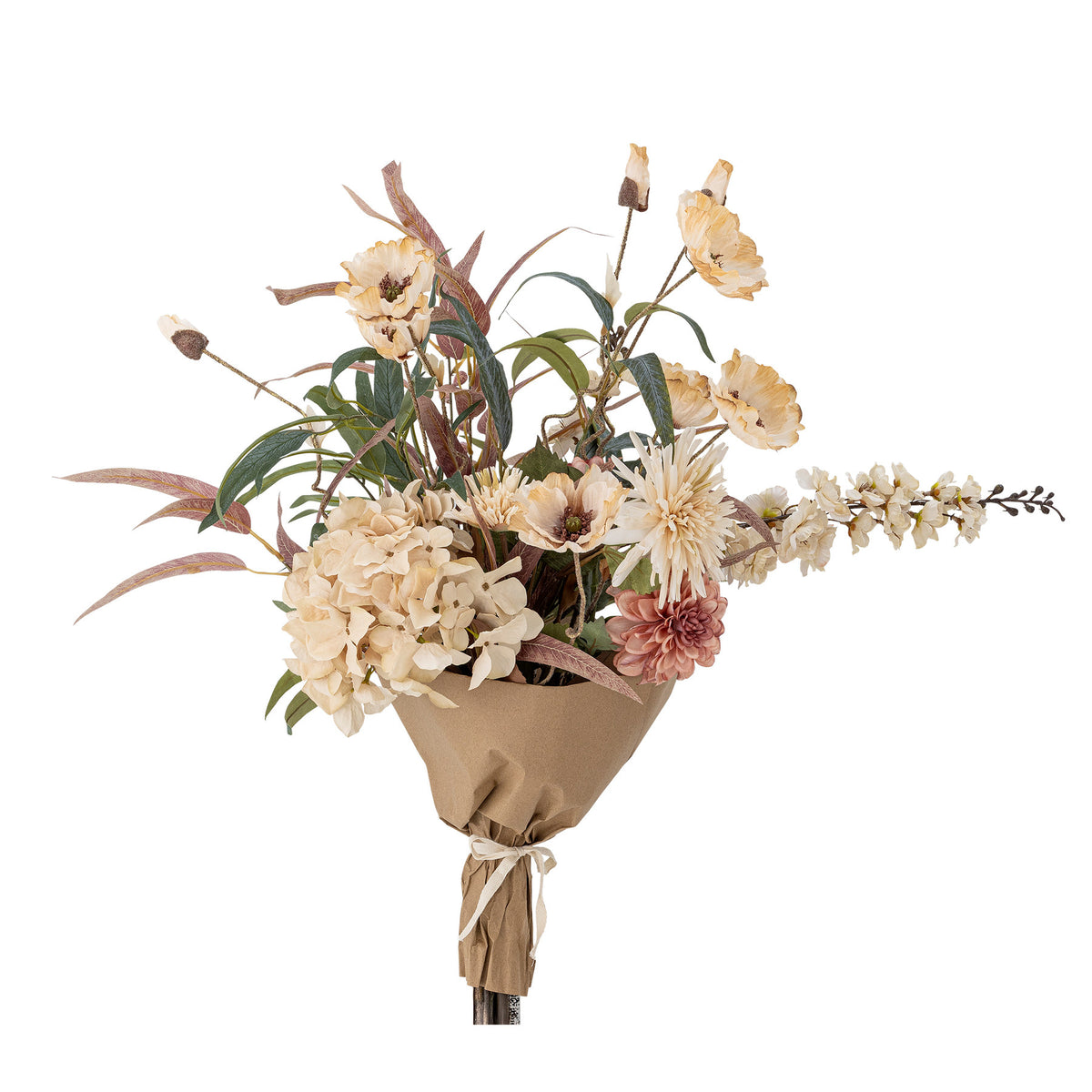 Hazy Blumenstrauss von Bloomingville in Beige: Kunstblumen-Arrangement in Beige-, Grün- und Rosétönen, Stiele in mattes Papier gewickelt.
