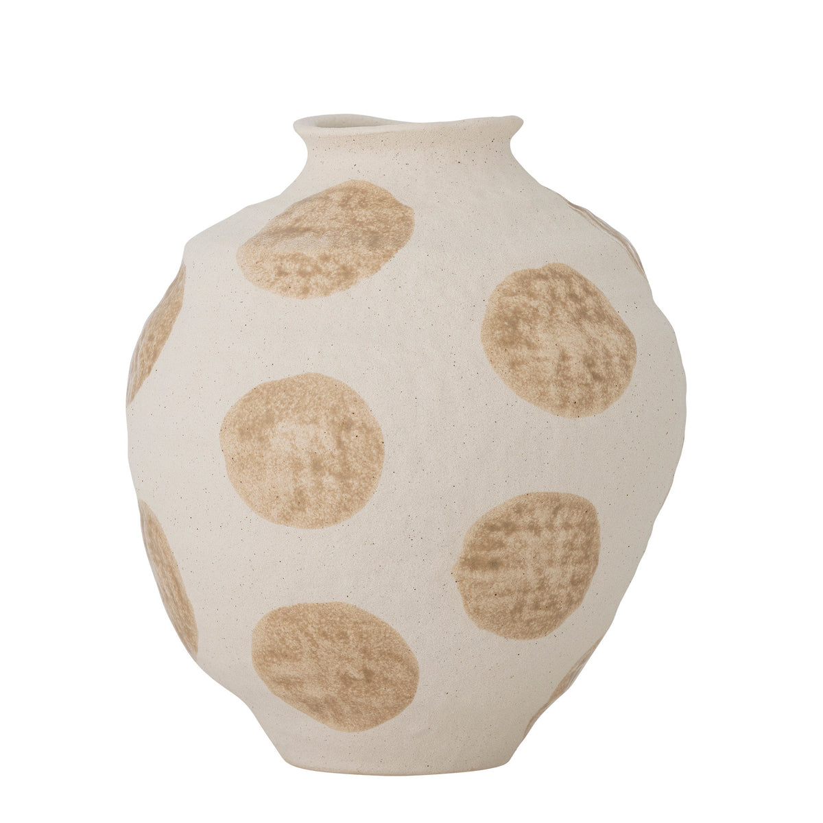 Runde Byron Vase aus Steingut in Beige mit reaktiver Glasur, vertikalen Streifen und Bürstenstruktur, schmale ausgestellte Öffnung, Cottage-Stil.