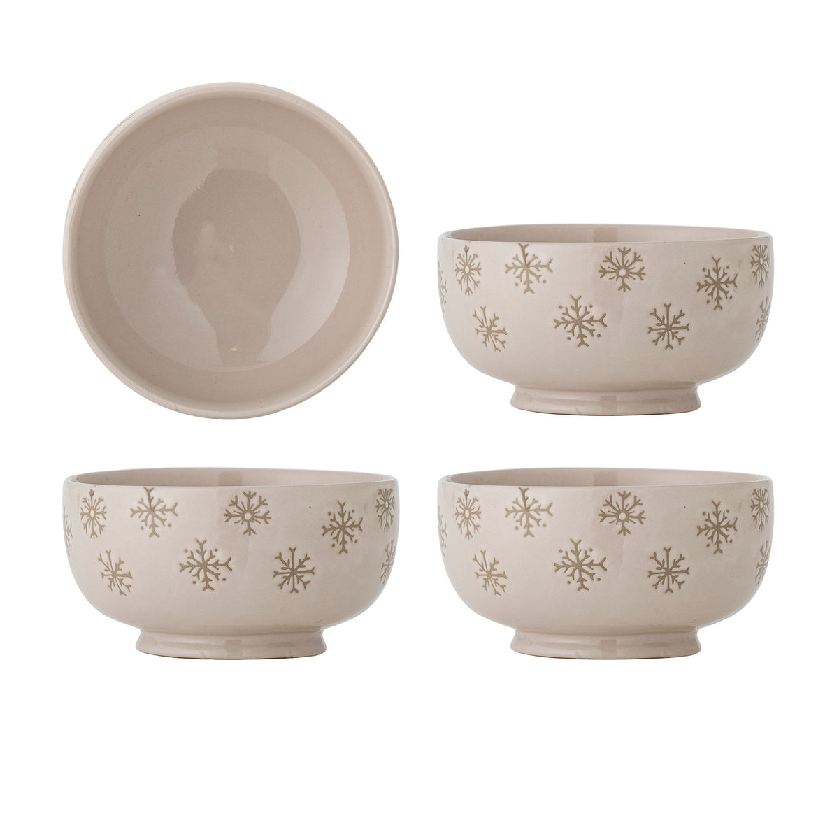 Weisse Snowie Schale aus Steingut von Bloomingville mit reaktiver Glasur und leichten Farbnuancen, rund geformt, Teil eines 4er-Sets