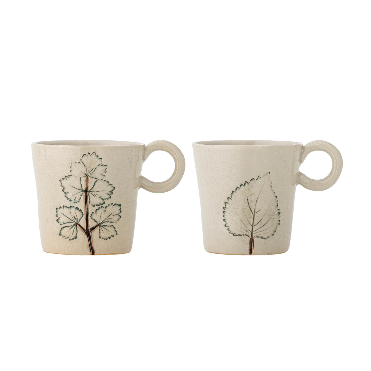 Weisse Tasse aus Steinzeug mit Craquelé-Glasur und handgestempeltem Blattmuster, Durchmesser 9 cm, Höhe 9 cm, Set aus zwei Stück