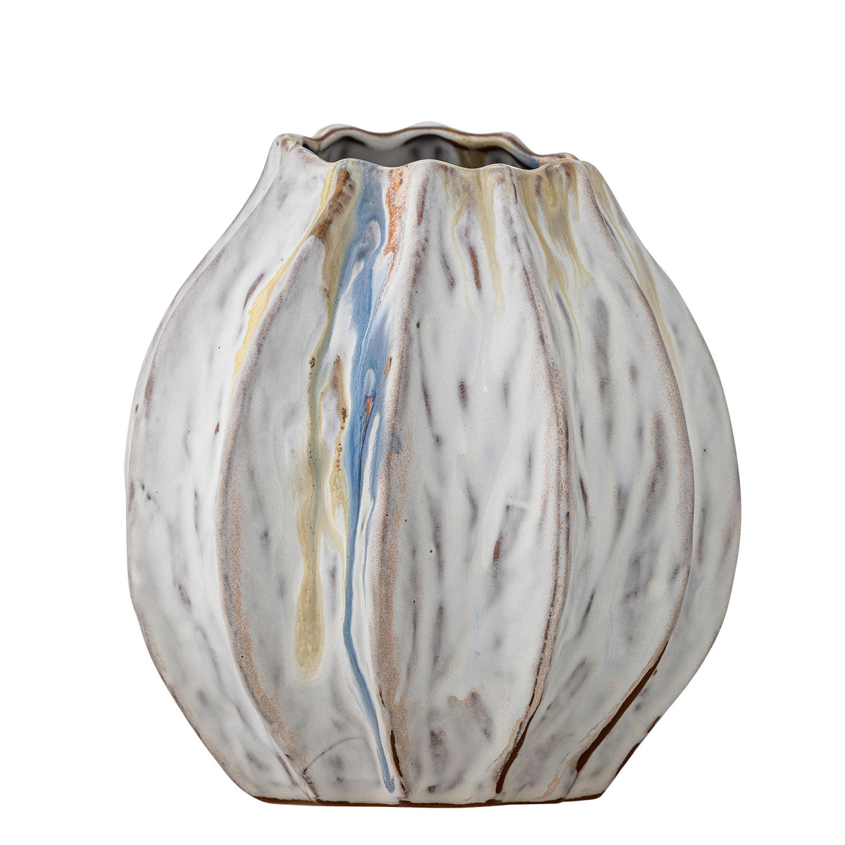 Feray Vase aus Steingut in Beige mit reaktiver Glasur, geformten Rillen und wellenförmiger Öffnung, Durchmesser 17 cm, Höhe 18 cm