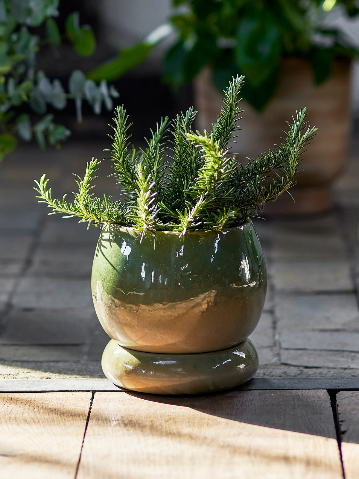 Imke Blumentopf mit Untertasse, Grün, Steingut in Green präsentiert im Onlineshop von KAQTU Design AG. Blumentopf ist von Bloomingville