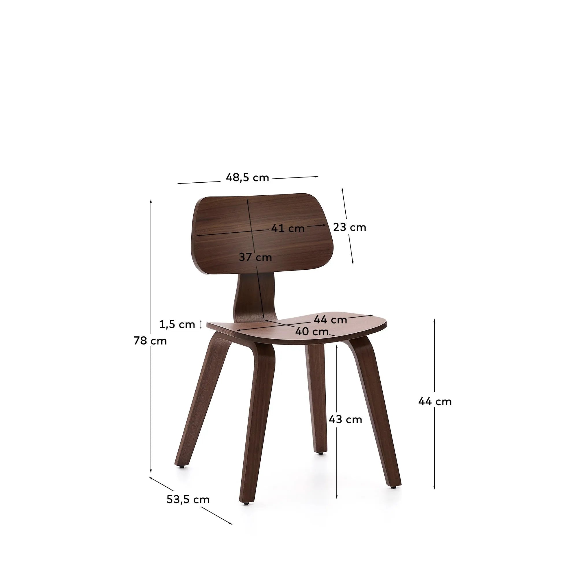 Eleganter Stuhl Gena aus hochwertigem Nussbaumfurnier und stabilem Kautschukholz, ideal für moderne Wohn- und Esszimmer.