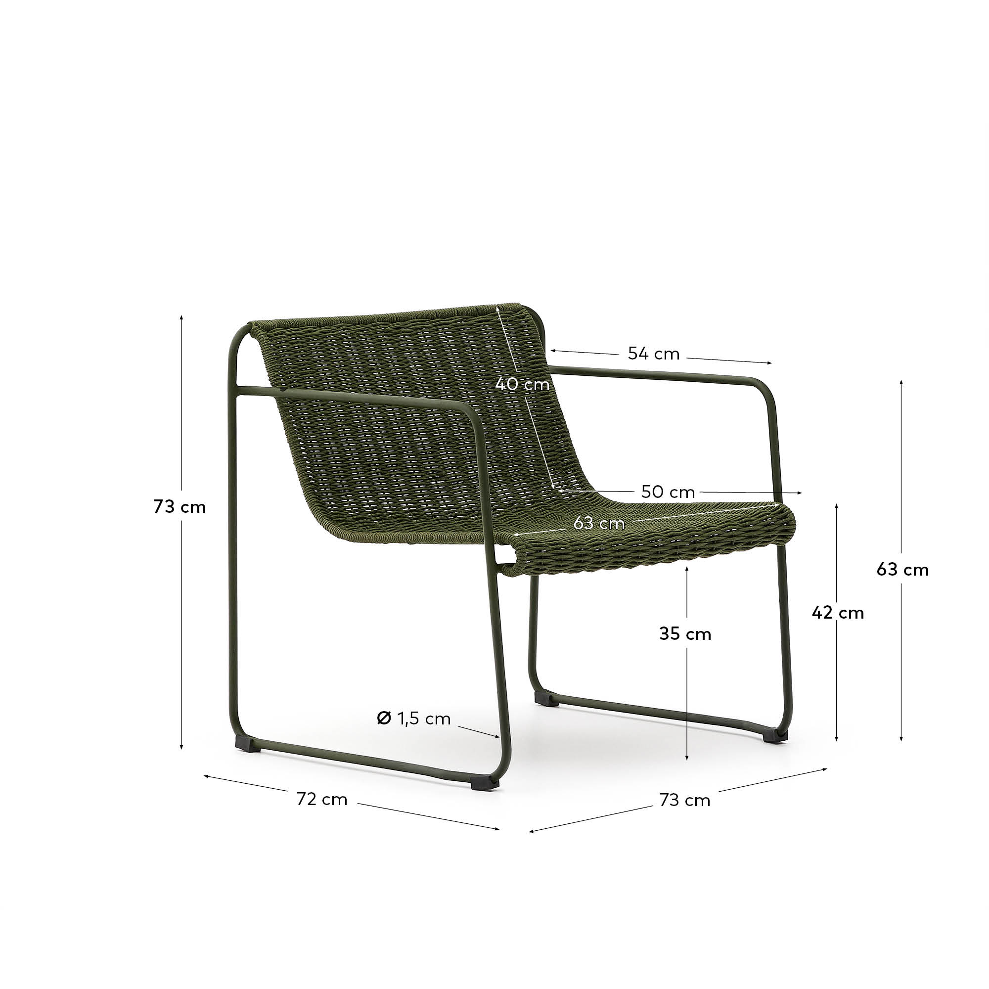 Eleganter Sessel aus grünem Stahl und Seil, wetterfest und bequem, ideal für stilvolle Outdoor-Bereiche.