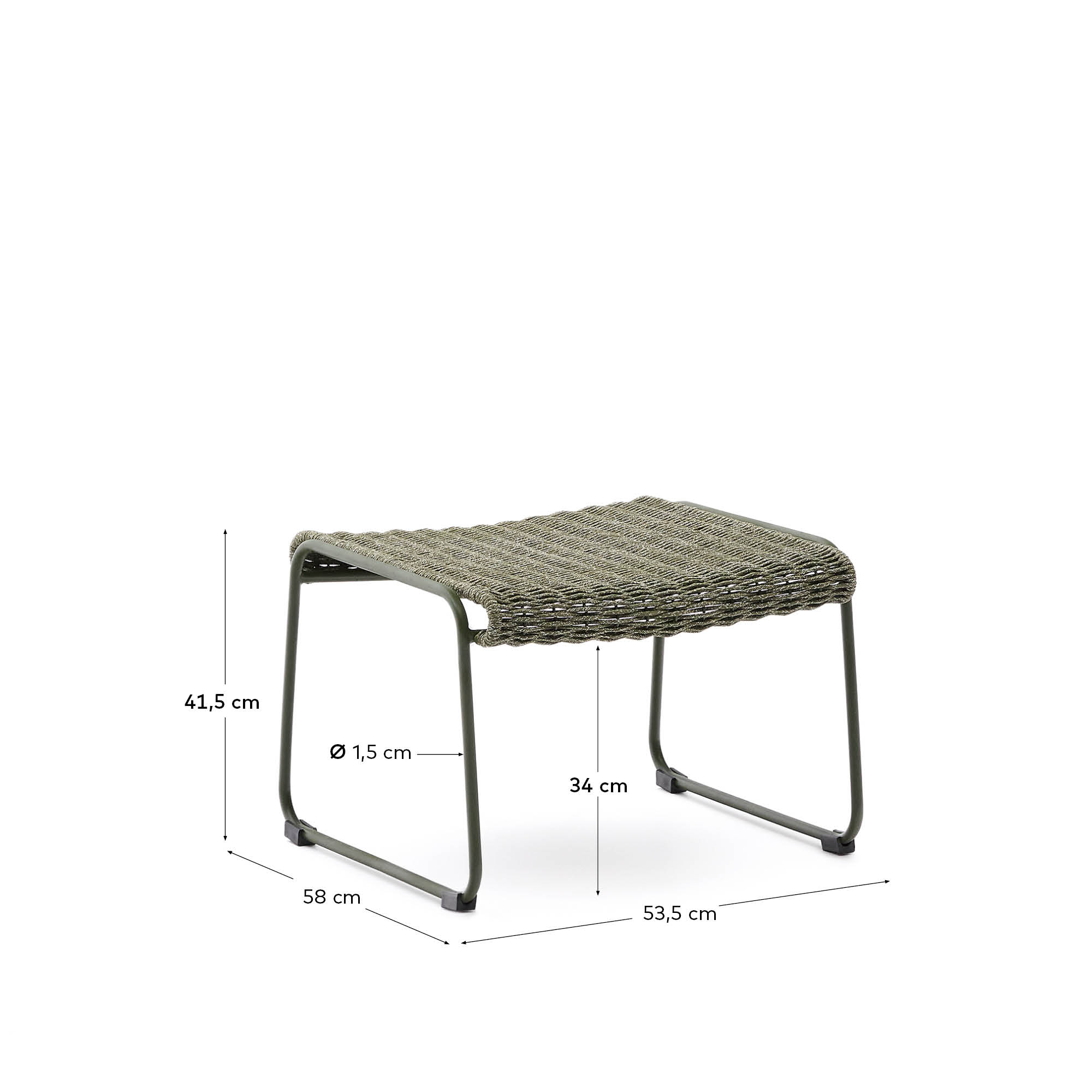 Elegante Fußablage aus grünem Stahl und Seil, ideal für drinnen und draußen, bringt mediterranes Flair in Ihren Raum.