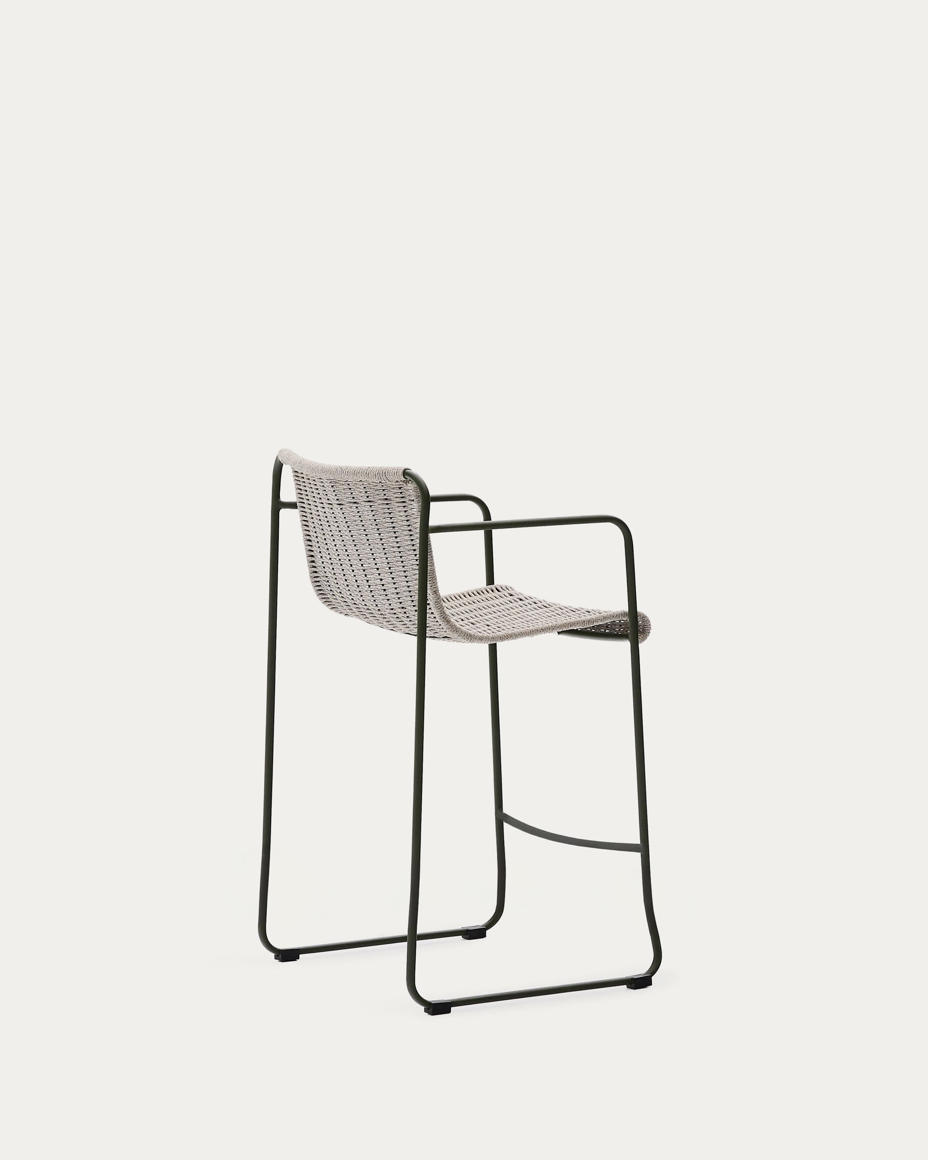 Der Hocker Maurina vereint modernes Design mit Funktionalität: grüner Stahlrahmen, écru-graues Seil, ideal für stilvolle Außenbereiche.