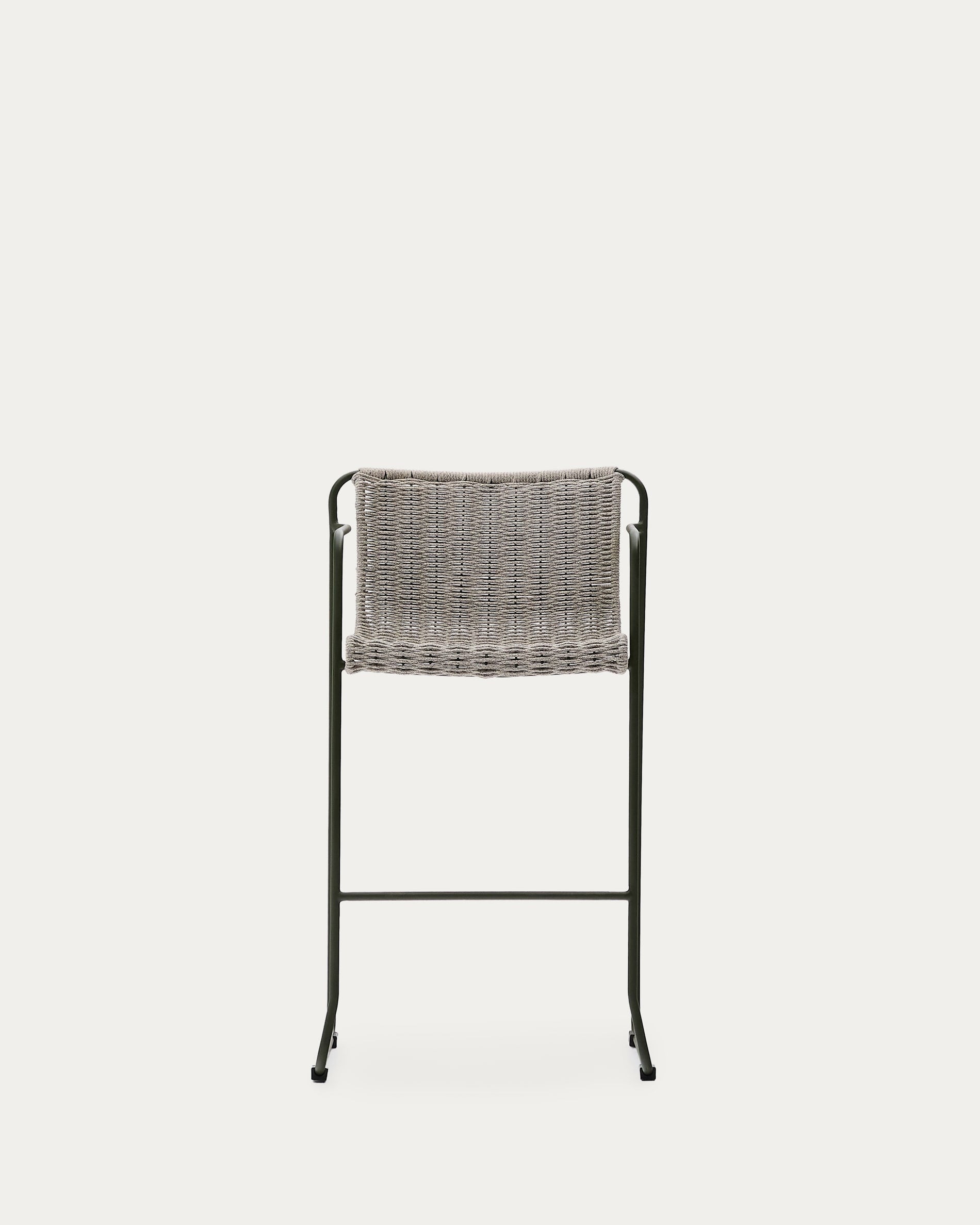 Der Hocker Maurina vereint modernes Design mit Funktionalität: grüner Stahlrahmen, écru-graues Seil, ideal für stilvolle Außenbereiche.
