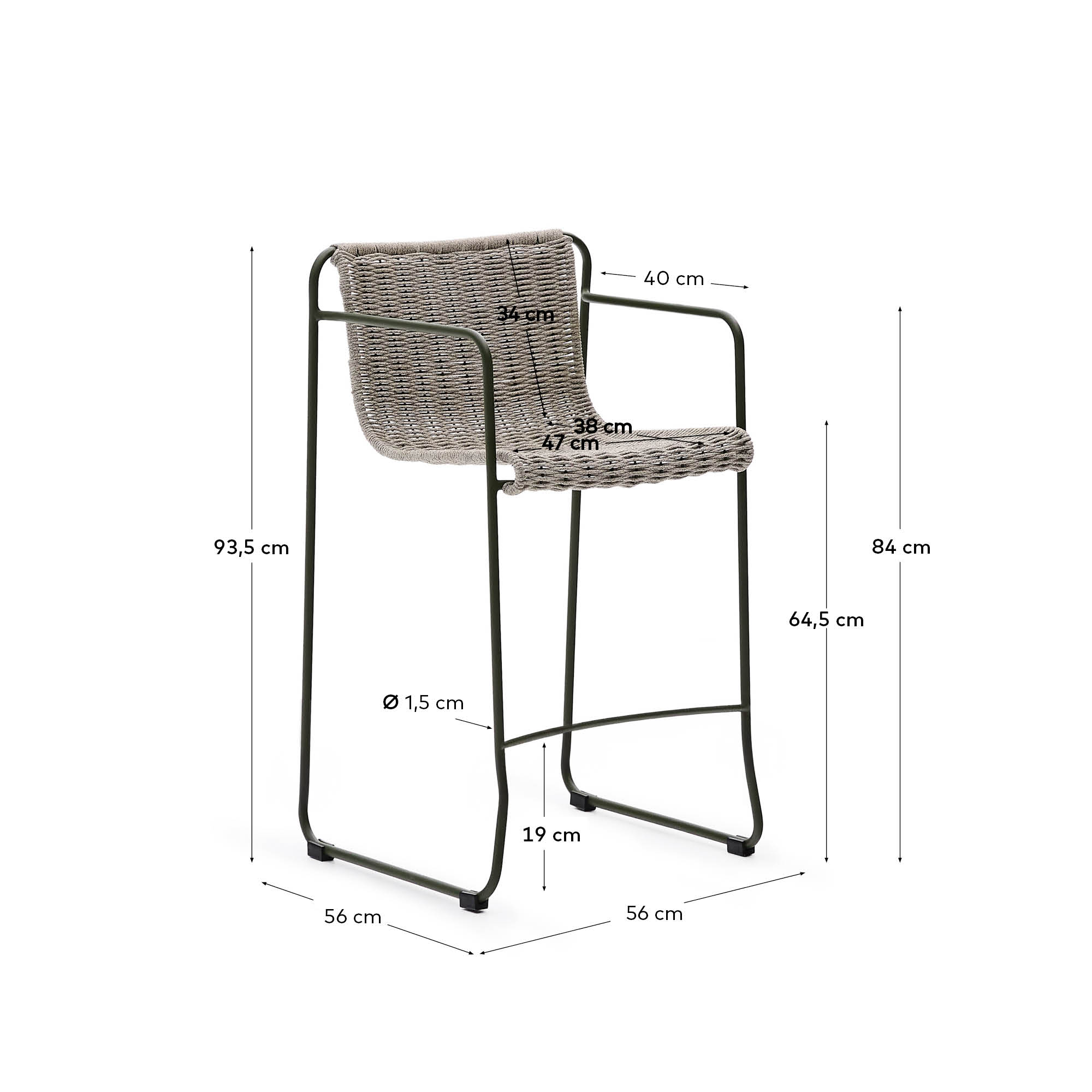Der Hocker Maurina vereint modernes Design mit Funktionalität: grüner Stahlrahmen, écru-graues Seil, ideal für stilvolle Außenbereiche.