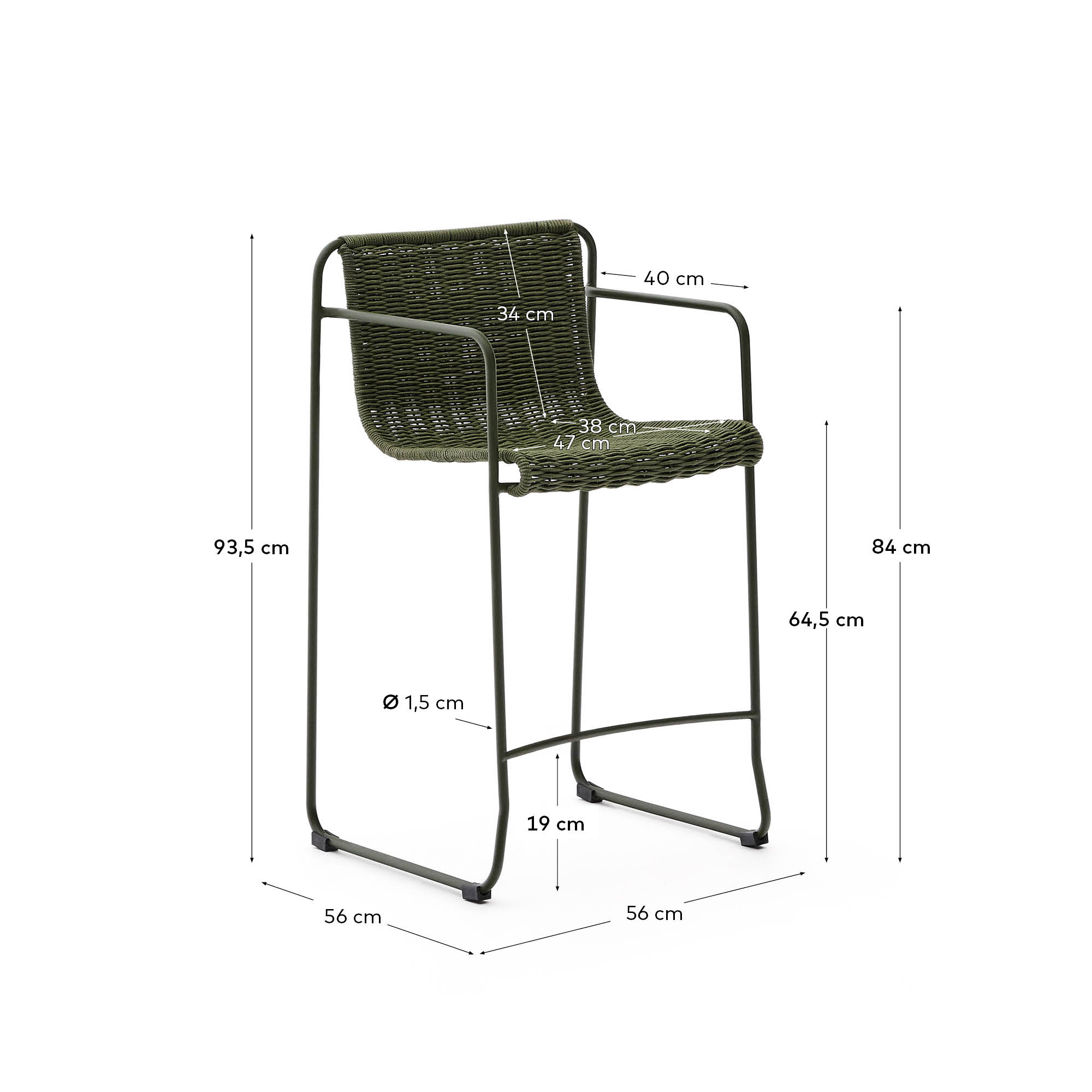 Der Hocker Maurina vereint robusten, grünen Stahl mit elegantem Seil für stilvolle Outdoor-Entspannung.