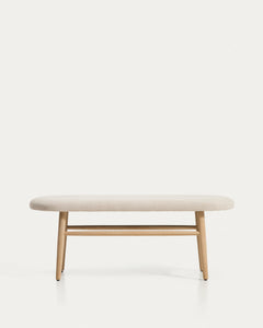 Banc Helda en chenille beige et chêne massif, FSC Mix Credit, 122 cm