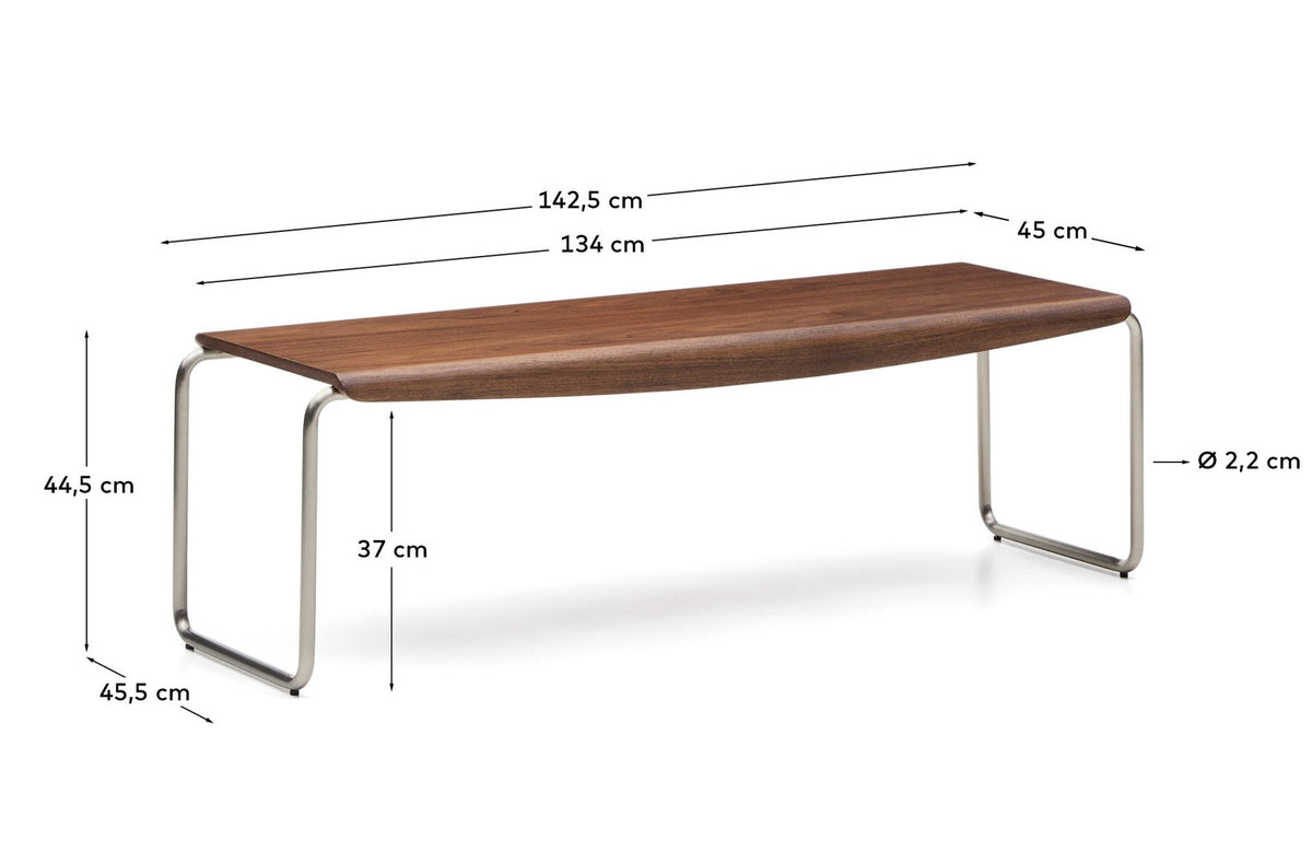 Bank Tarsel aus Nussbaumfurnier mit Gestell aus gebürstetem Edelstahl 142 cm in Dunkelbraun präsentiert im Onlineshop von KAQTU Design AG. Sitzbank ist von Kave Home