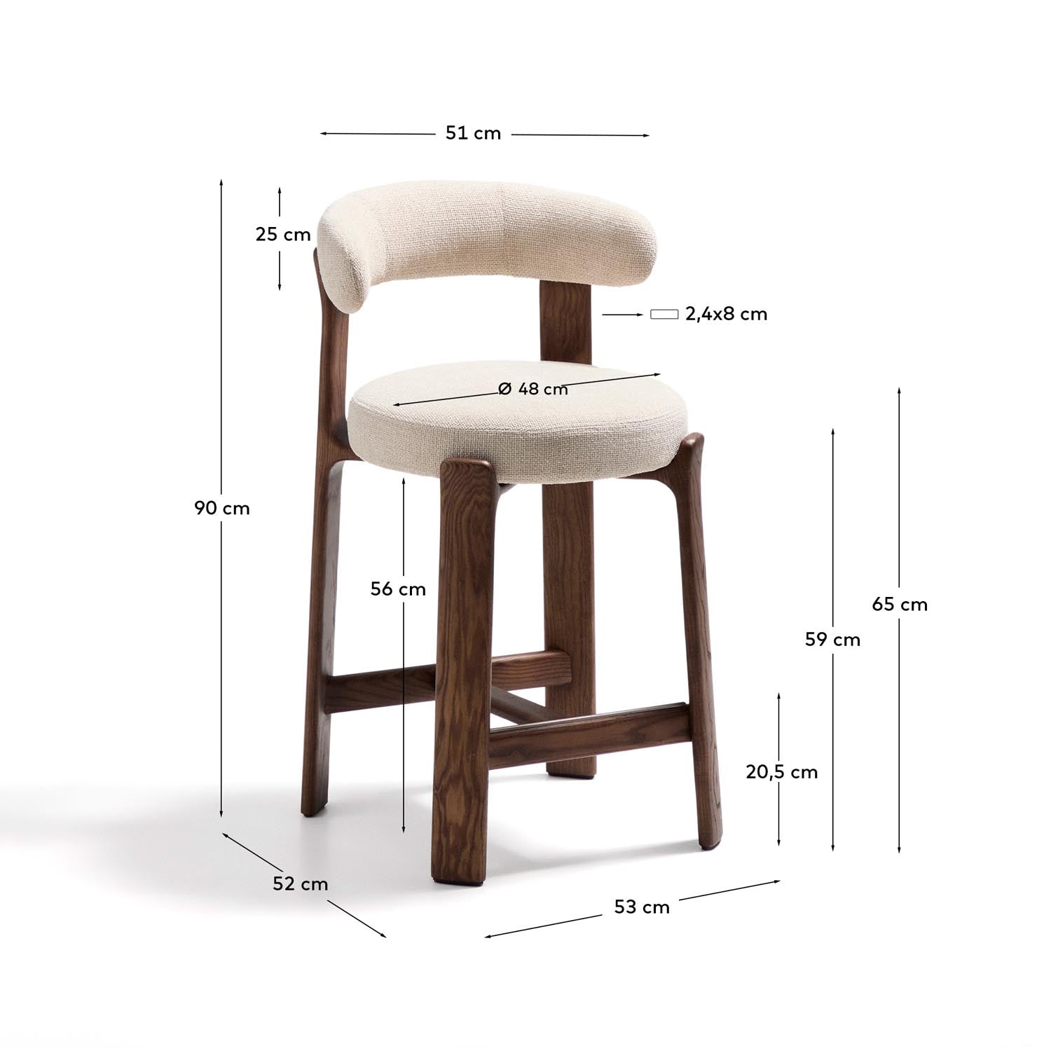 Hocker Granite aus beigefarbener Chenille und massivem Eschenholz mit walnussholzfarbenem Finish, FSC 100%, 65 cm in Beige präsentiert im Onlineshop von KAQTU Design AG. Barstuhl ist von Kave Home