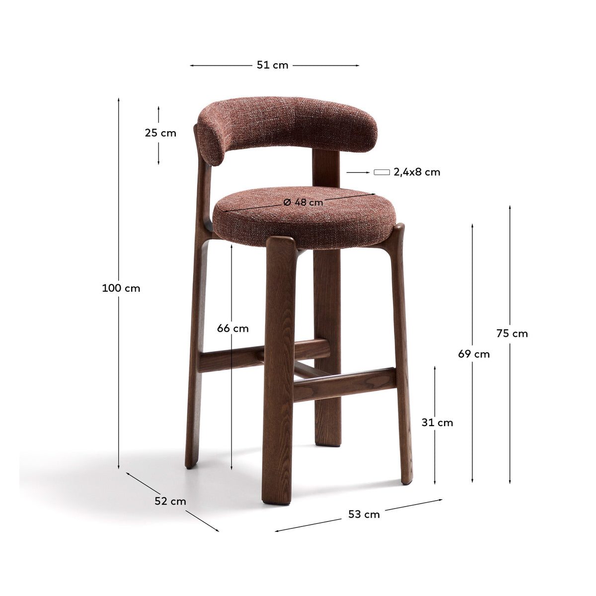 Hocker Granite aus brauner Chenille und massivem Eschenholz mit walnussholzfarbenem Finish, FSC 100%, 75 cm in Braun präsentiert im Onlineshop von KAQTU Design AG. Barstuhl ist von Kave Home