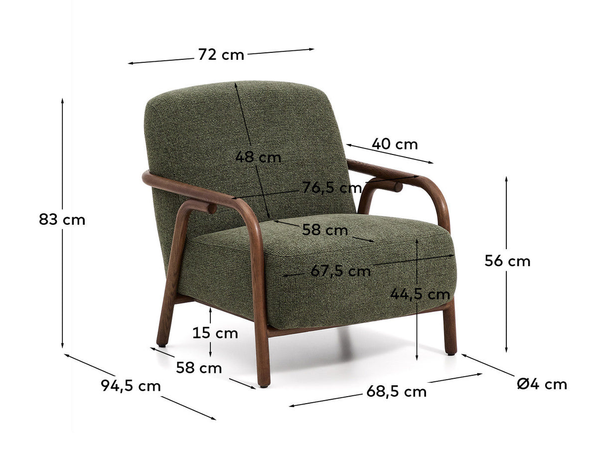 Sessel Sylo aus dunkelgrüner Chenille und massivem Eschenholz mit nussbaumfarbenem Finish, FSC 100 % in Dunkelgrün präsentiert im Onlineshop von KAQTU Design AG. Sessel ist von Kave Home