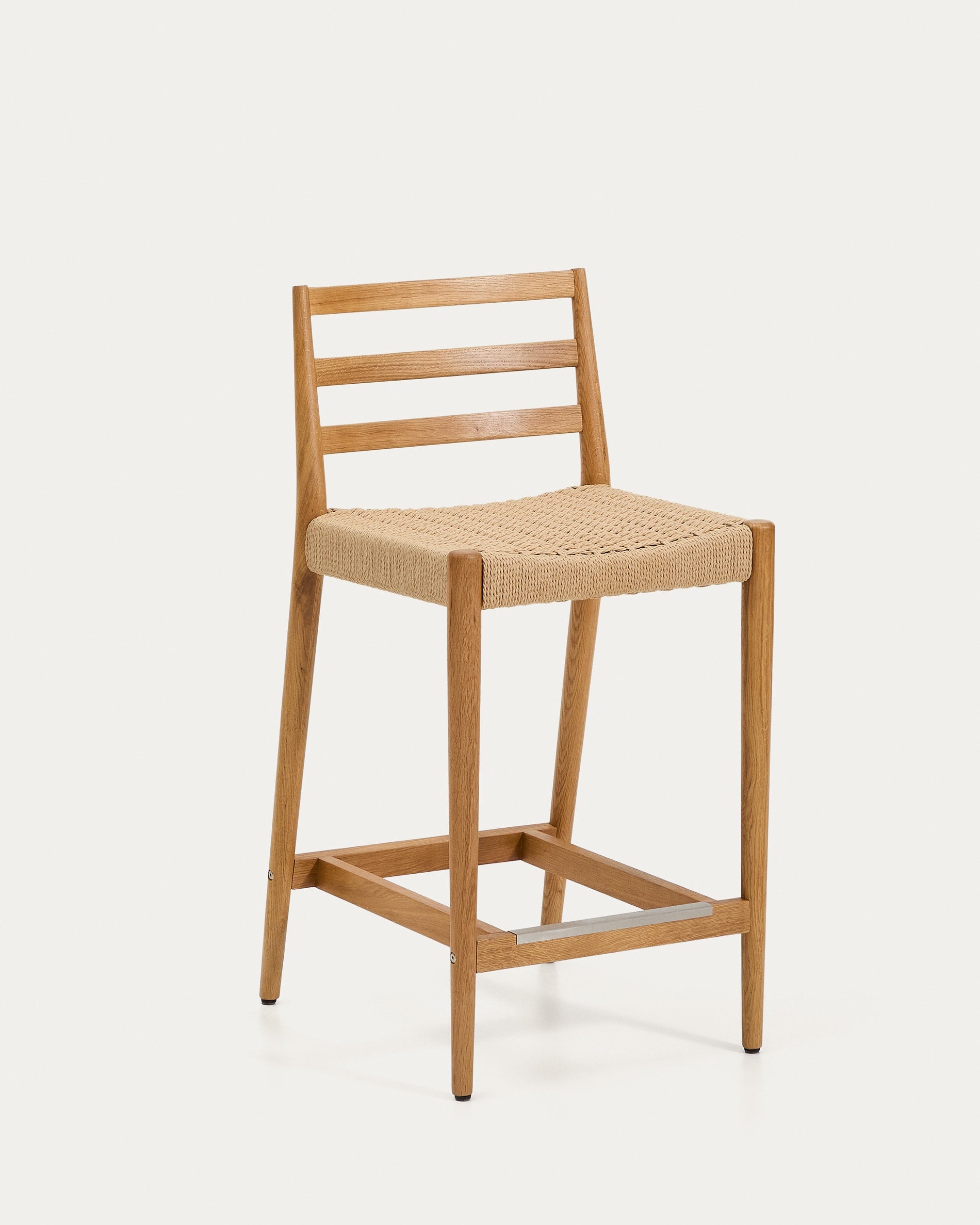Analy Hocker Rückenlehne massives Eichenholz Finish in Naturton und Sitzfläche Seil 65 cm