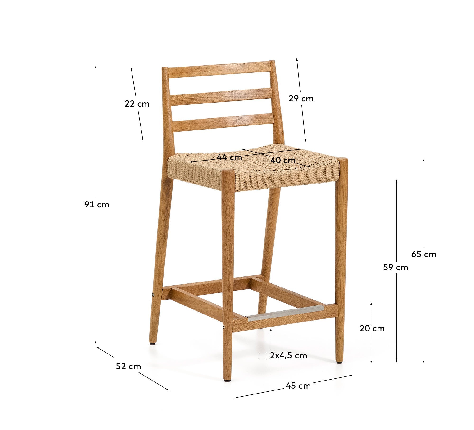 Analy Hocker Rückenlehne massives Eichenholz Finish in Naturton und Sitzfläche Seil 65 cm  in Beige präsentiert im Onlineshop von KAQTU Design AG. Barhocker ist von Kave Home