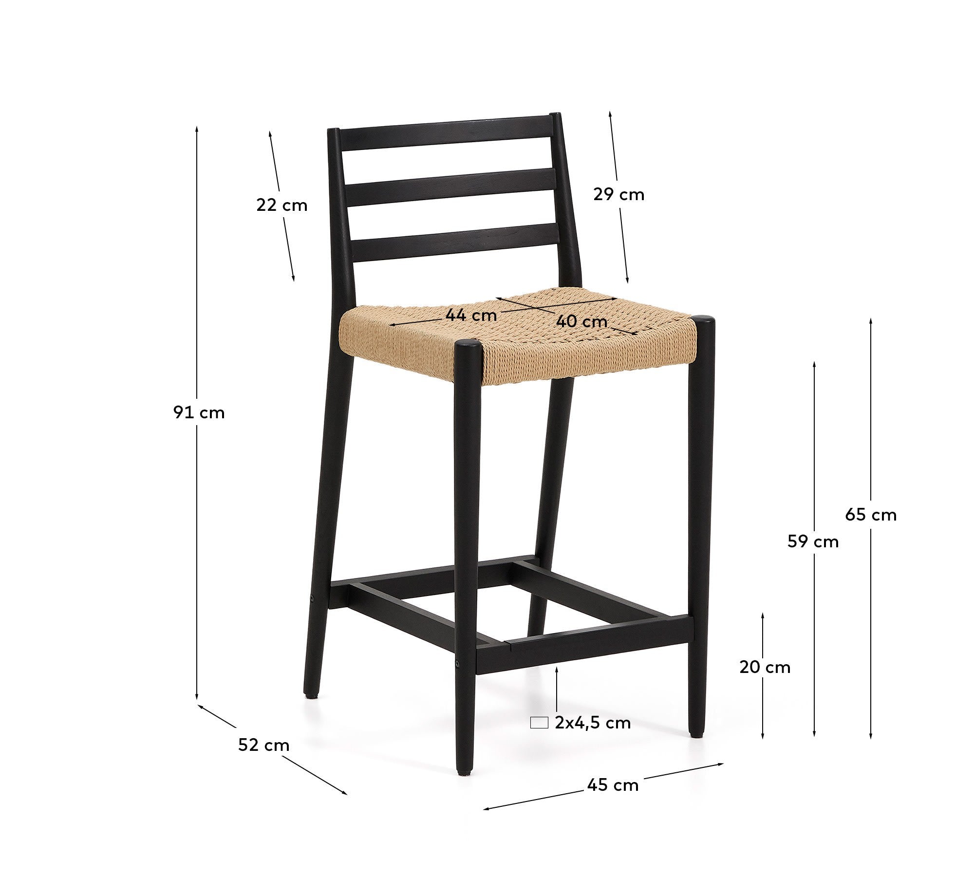 Analy Barhocker Rückenlehne massives Eichenholz mit schwarzem Finishund Seilsitzfläche 65  in Schwarz präsentiert im Onlineshop von KAQTU Design AG. Barhocker ist von Kave Home