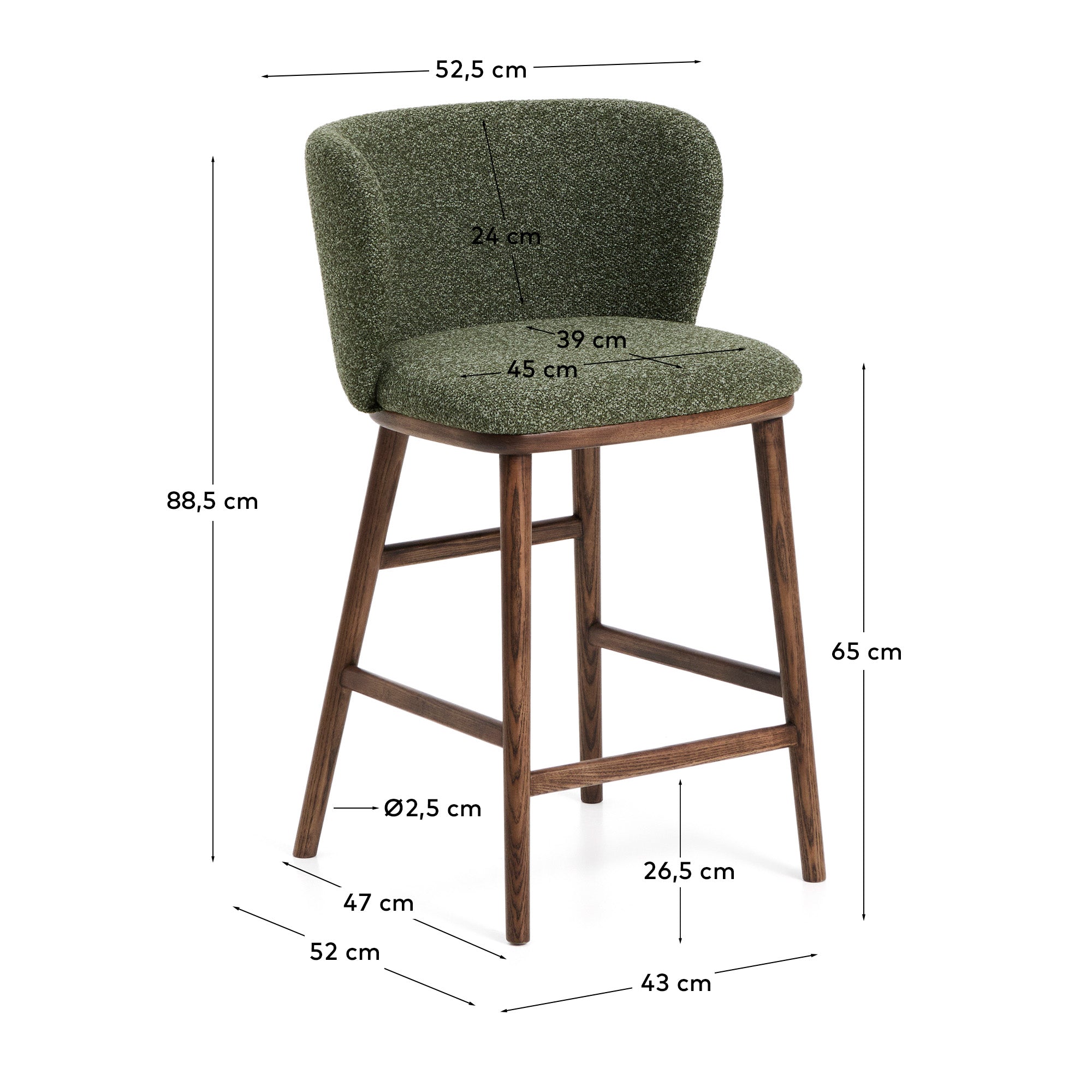Hocker Ciselia in dicker, dunkelgrüner Chenille mit Beinen aus massivem Eschenholz mit walnussholzfarbenem Finish, FSC Mix Credit, 65 cm in Dunkelgrün präsentiert im Onlineshop von KAQTU Design AG. Barstuhl ist von Kave Home