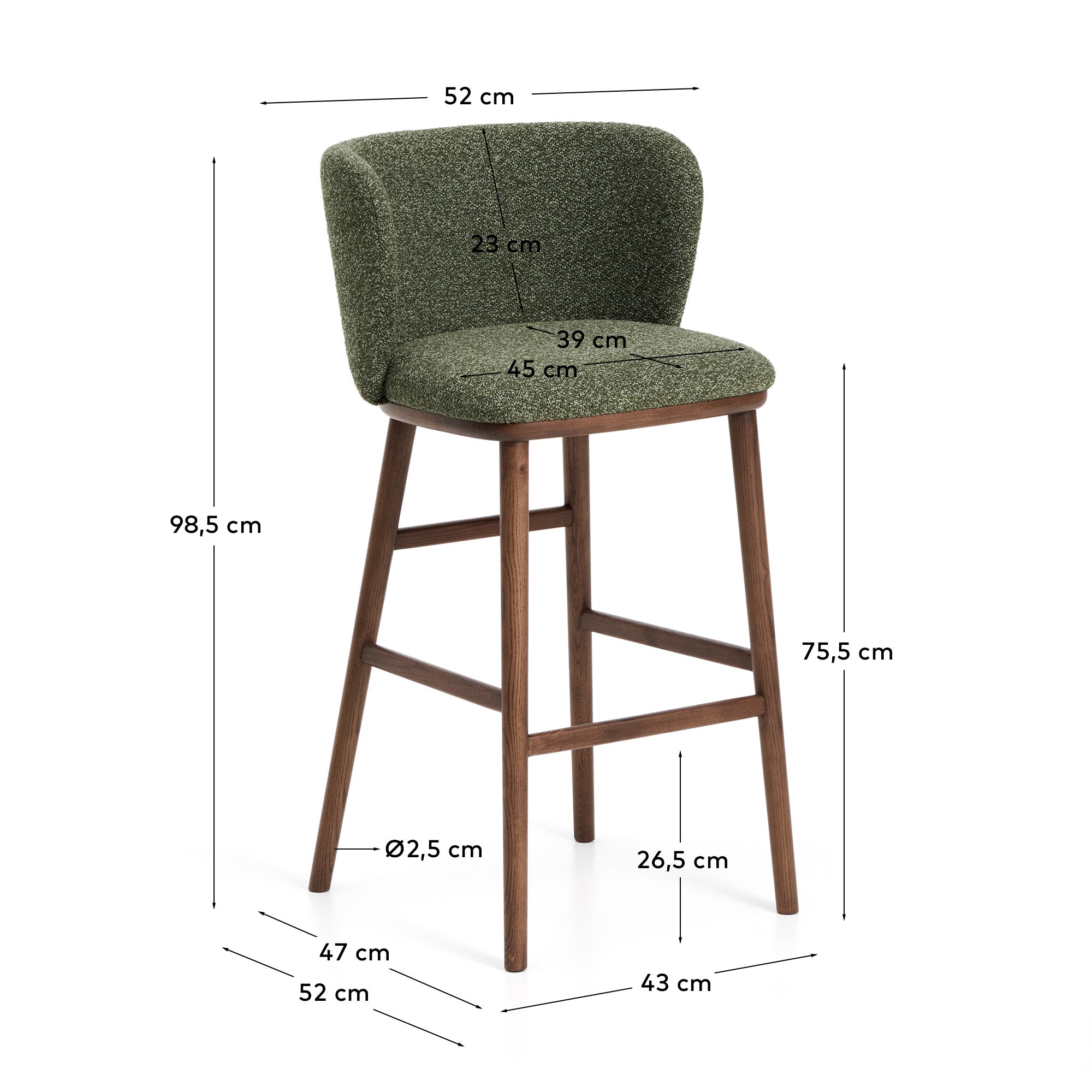 Hocker Ciselia in dicker, dunkelgrüner Chenille mit Beinen aus massivem Eschenholz mit walnussholzfarbenem Finish, FSC Mix Credit, 75 cm in Dunkelgrün präsentiert im Onlineshop von KAQTU Design AG. Barstuhl ist von Kave Home