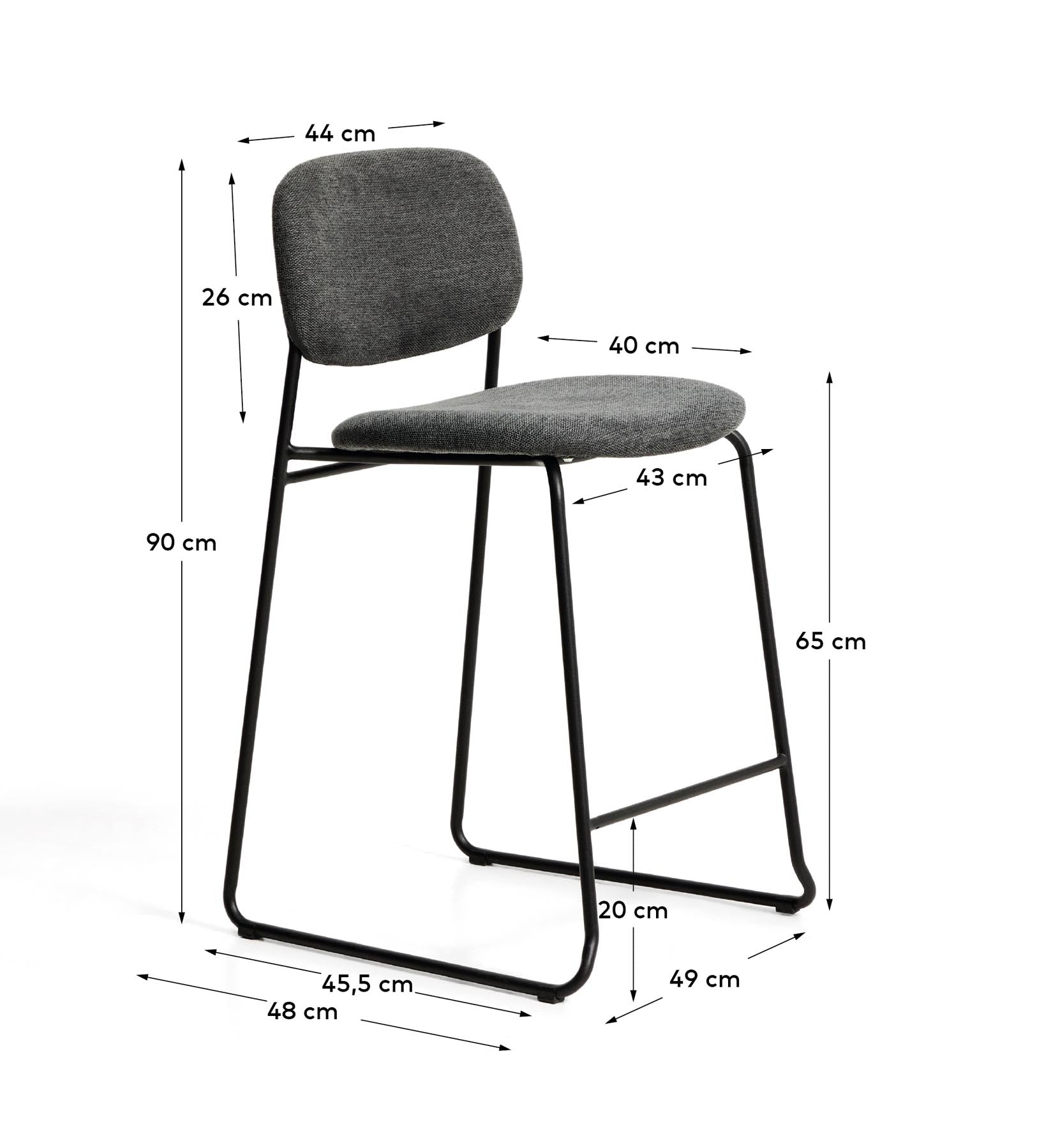 Stapelbarer Hocker Meli mit grauer Chenille und Beinen aus grauem Metall, FSC Mix Credit, 65 cm in Grau präsentiert im Onlineshop von KAQTU Design AG. Barhocker ist von Kave Home