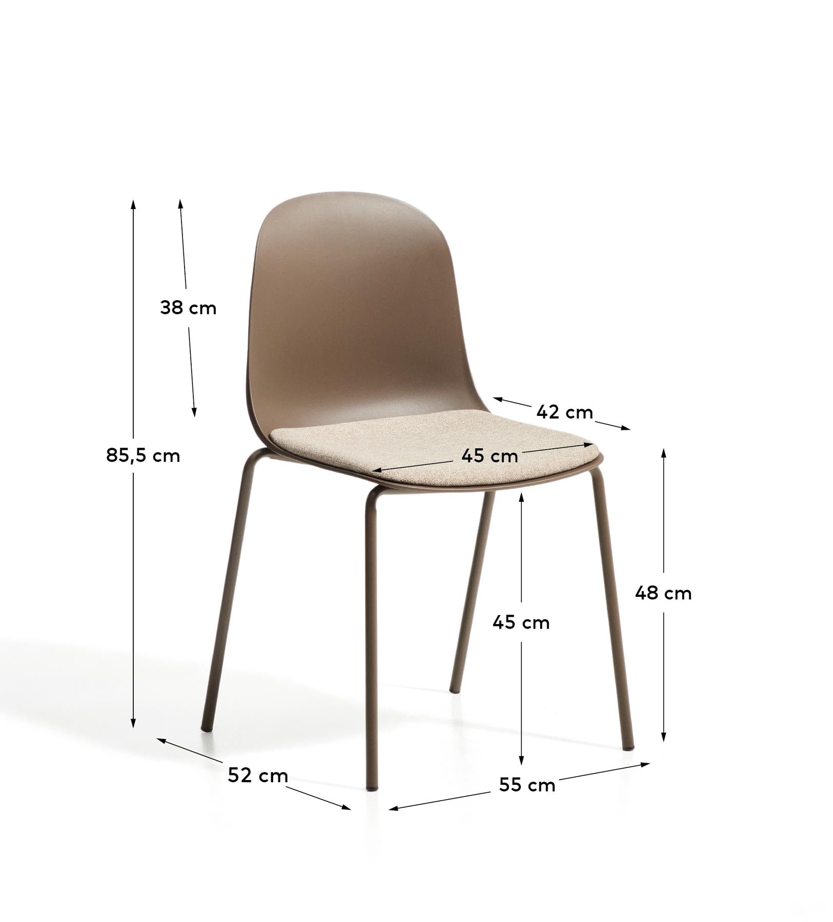 Stuhl Debari mit Chenille-Kissen und Stahlbeinen mit braunem Finish  in Braun präsentiert im Onlineshop von KAQTU Design AG. Stuhl ist von Kave Home