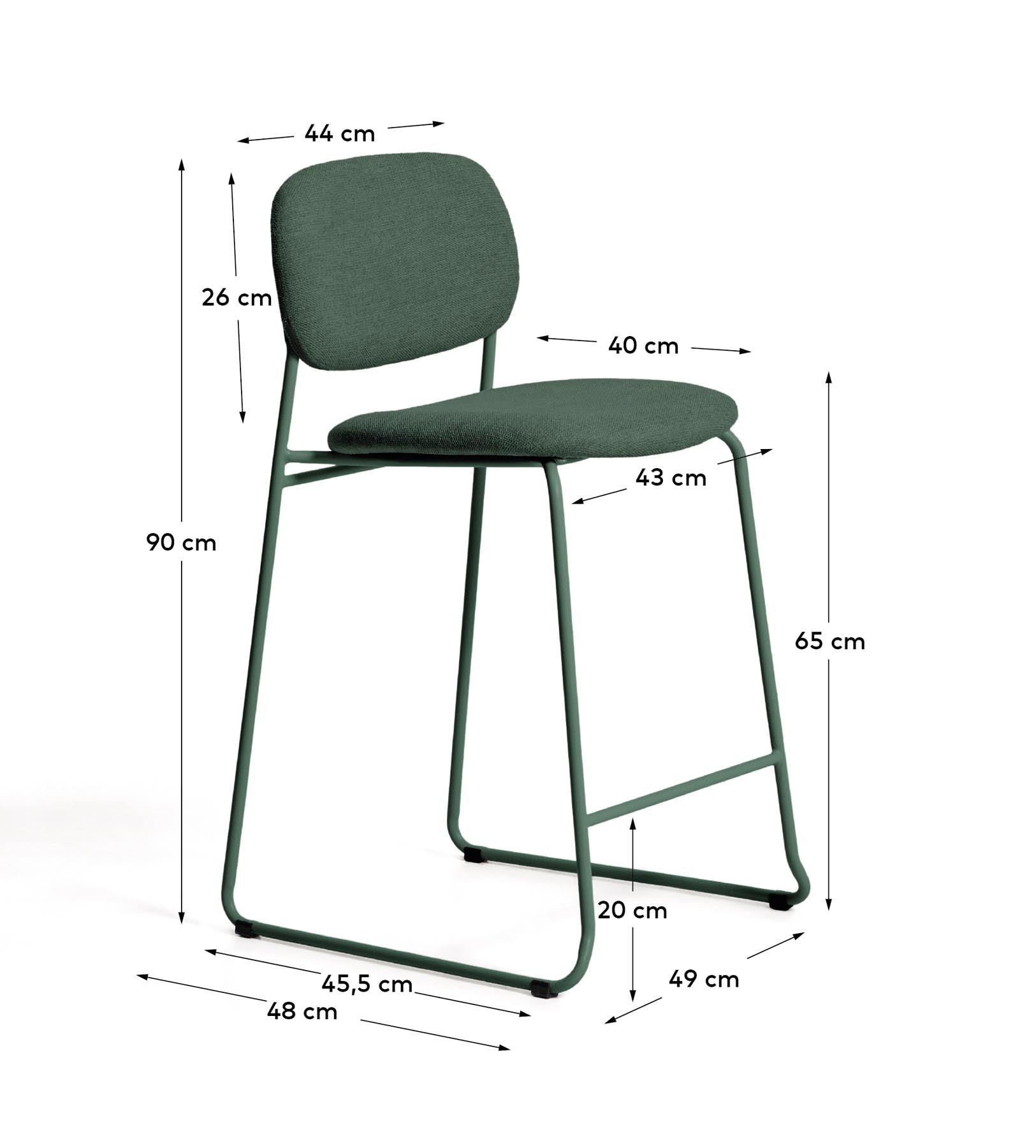 Stapelbarer Hocker Meli mit grüner Chenille und Beinen aus grünem Metall, FSC Mix Credit, 65 cm in Grün präsentiert im Onlineshop von KAQTU Design AG. Barhocker ist von Kave Home