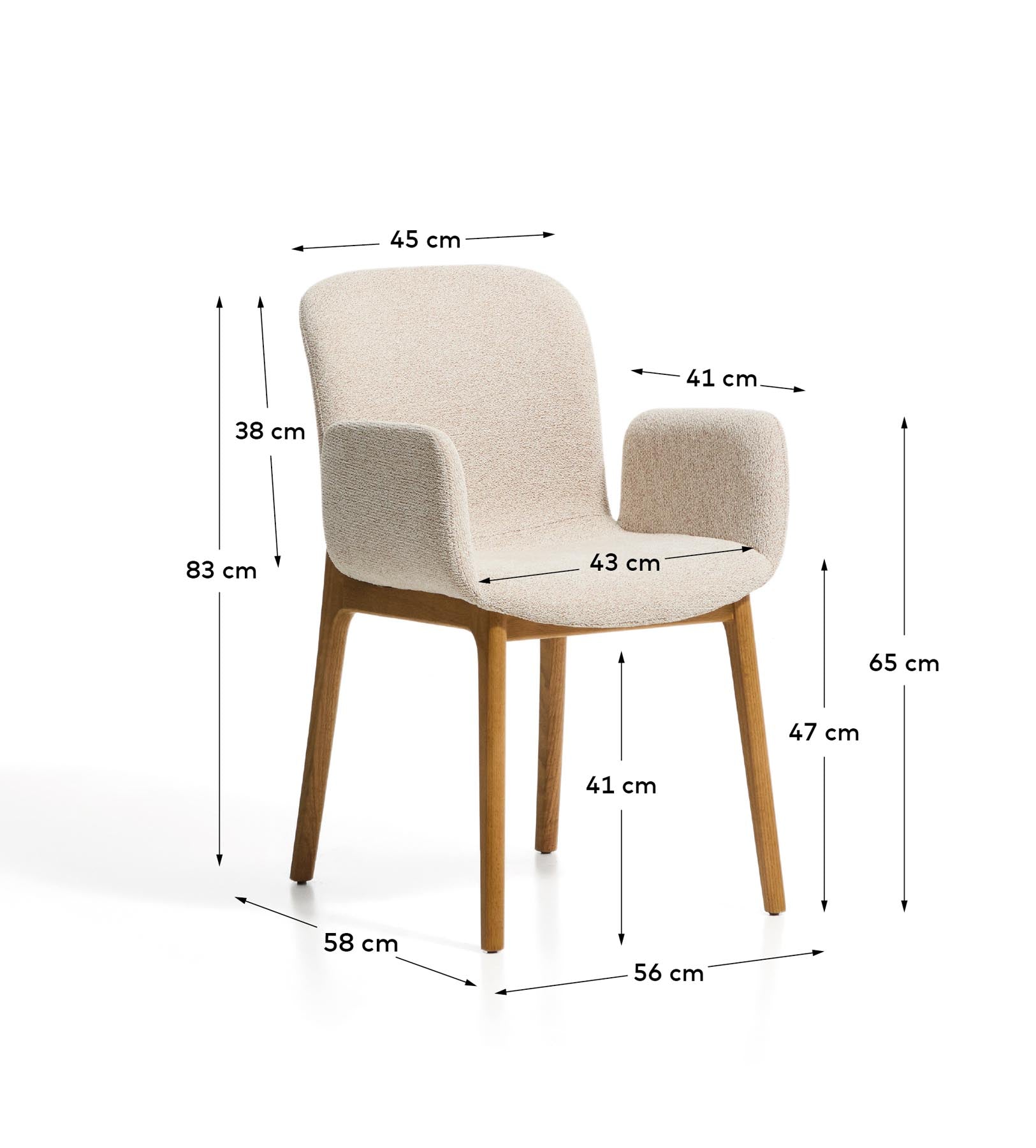 Stuhl Elnor mit Armlehnen aus beiger Chenille und Beinen aus massivem Eichenholz mit Finish in natürlichem Farbton  in Beige präsentiert im Onlineshop von KAQTU Design AG. Stuhl ist von Kave Home
