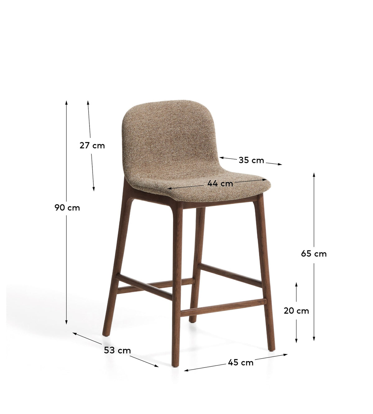 Barhocker Elnor von Kave Home mit gepolstertem Sitz aus braunem Chenille-Gewebe und Beinen aus massivem Eichenholz mit Nussbaum-Finish.