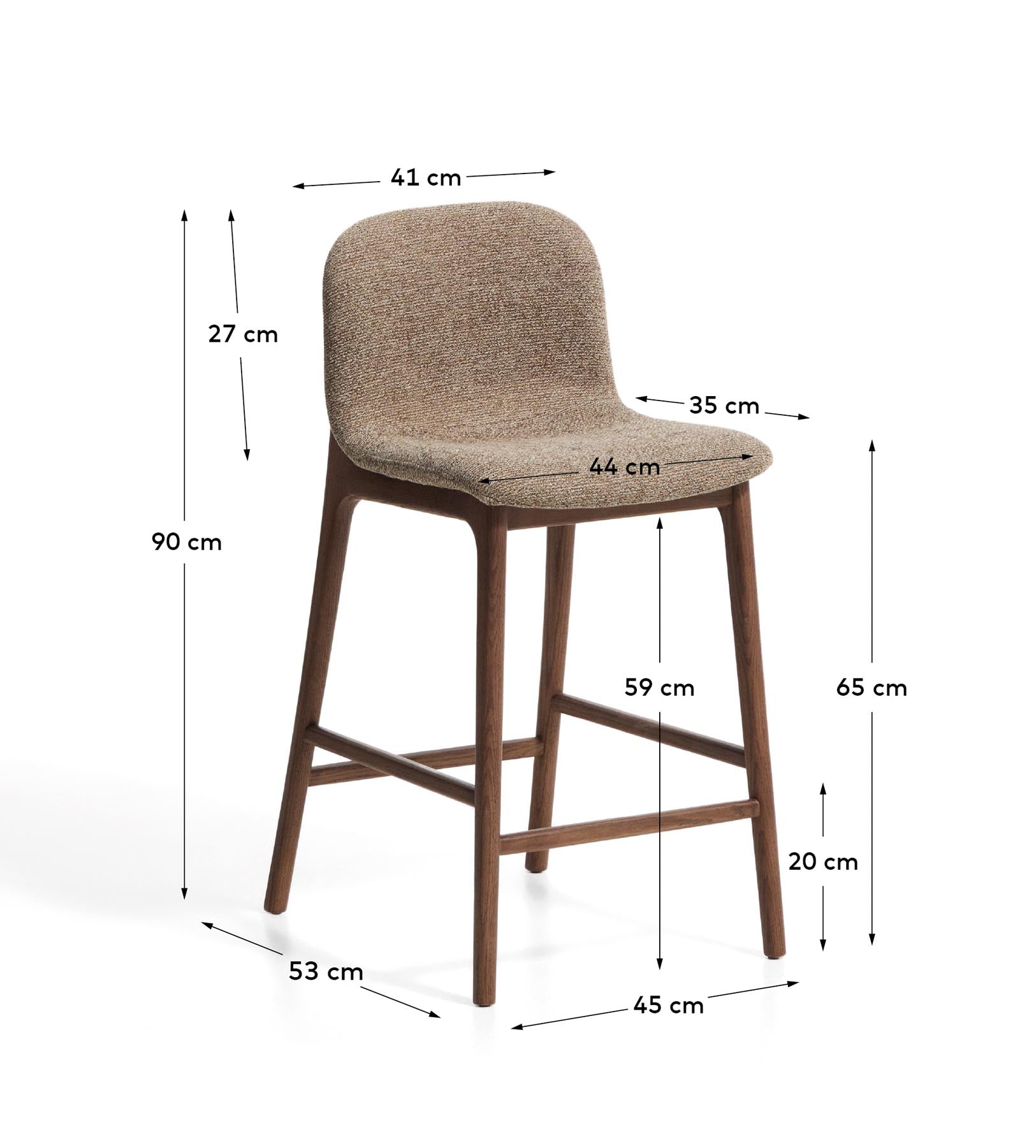 Hocker Elnor aus brauner Chenille und Beinen aus massivem Eichenholz mit Nussbaum-Finish 65 cm in Braun präsentiert im Onlineshop von KAQTU Design AG. Barhocker ist von Kave Home