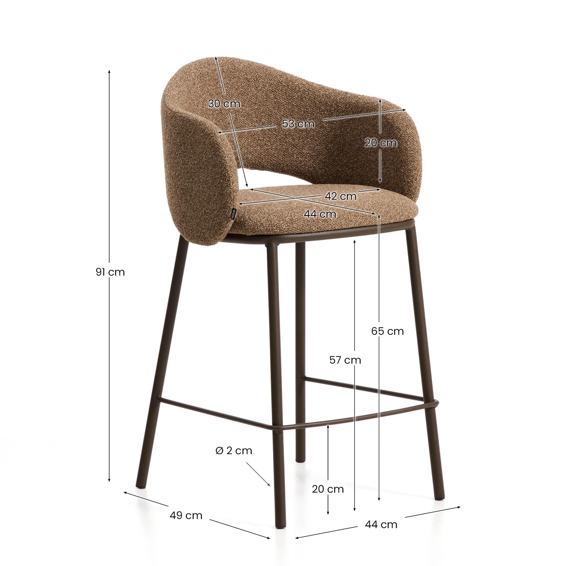 Hocker Maina aus dicker Chenille in Braun und Stahlbeinen mit brauner Beschichtung FSC Mix Credit 65 cm in Braun präsentiert im Onlineshop von KAQTU Design AG. Barhocker ist von Kave Home