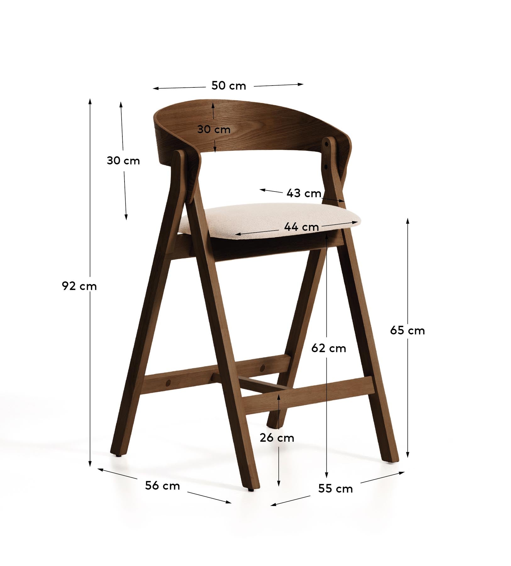 Hocker Godia aus Eichenfurnier mit Nussbaumfinish und beiger Chenille in Braun präsentiert im Onlineshop von KAQTU Design AG. Barhocker ist von Kave Home