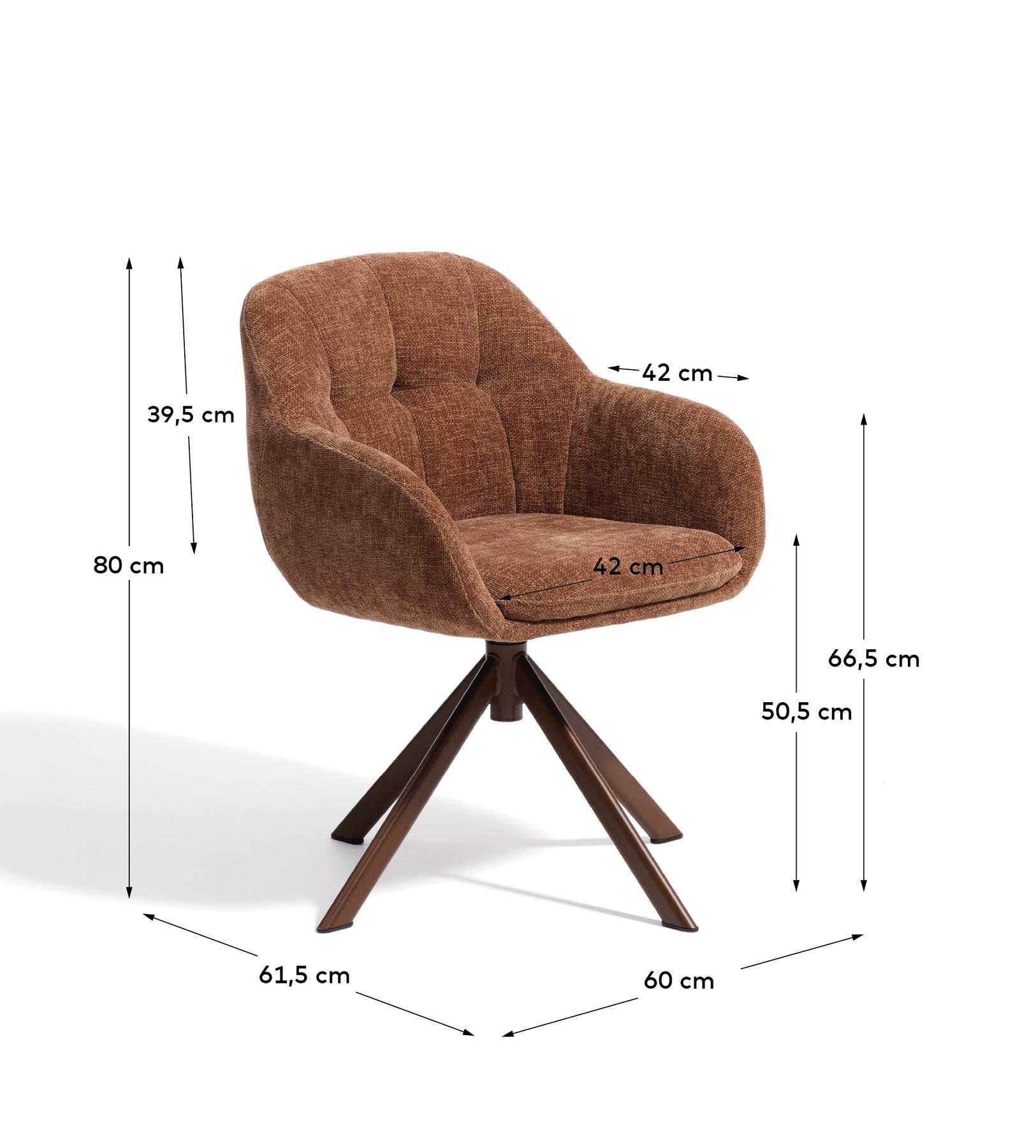 Drehstuhl Dorina aus karamellfarbener Chenille und Stahlbeinen mit karamellfarbenem Finish in Terrakotta präsentiert im Onlineshop von KAQTU Design AG. Drehstuhl ist von Kave Home