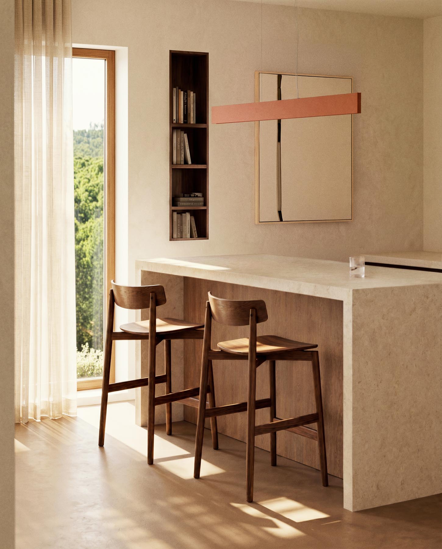 Hocker Evera mit Rückenlehne aus Eichenfurnier mit Nussbaumfinish, 65 cm in Braun präsentiert im Onlineshop von KAQTU Design AG. Barhocker ist von Kave Home