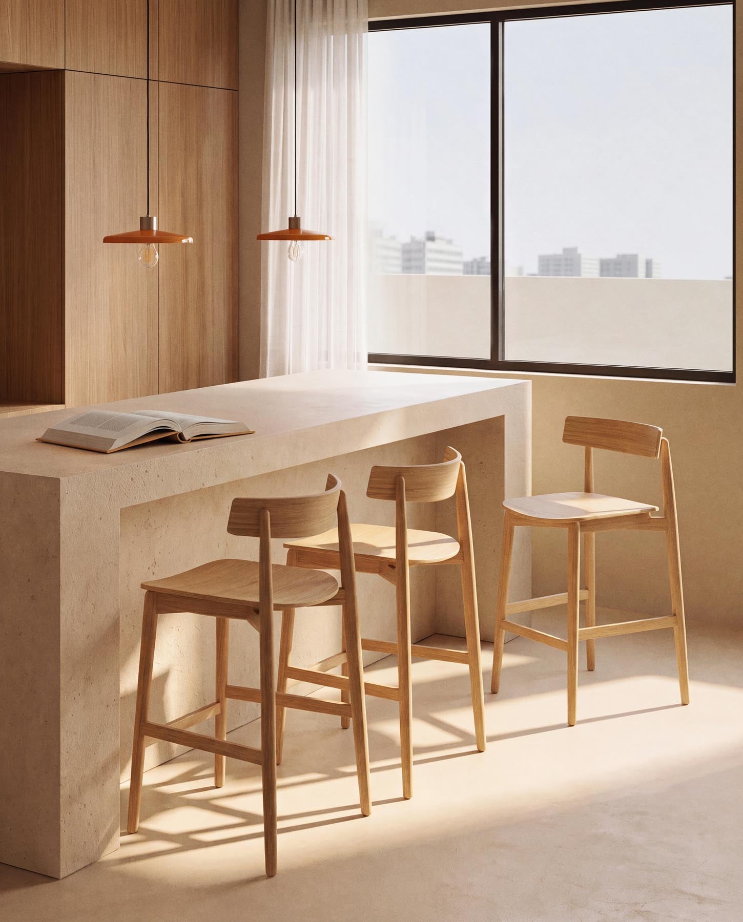 Hocker Evera mit Rückenlehne aus Eichenfurnier mit naturfarbenem Finish, 65 cm  in Beige präsentiert im Onlineshop von KAQTU Design AG. Barhocker ist von Kave Home