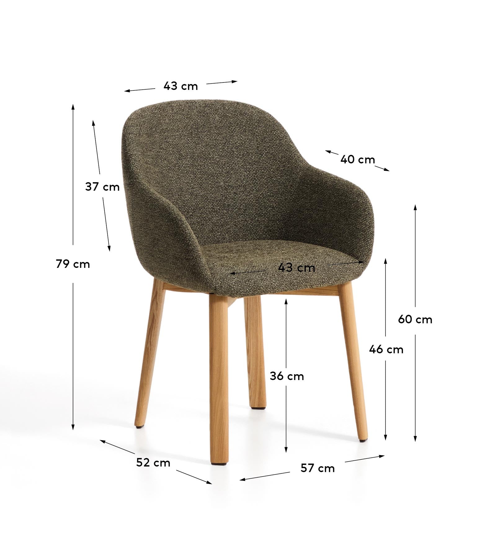 Armlehnenstuhl Meila mit grüner Chenille und Beinen aus massivem Eschenholz mit naturfarbenem Finish  in Grün präsentiert im Onlineshop von KAQTU Design AG. Stuhl mit Armlehne ist von Kave Home