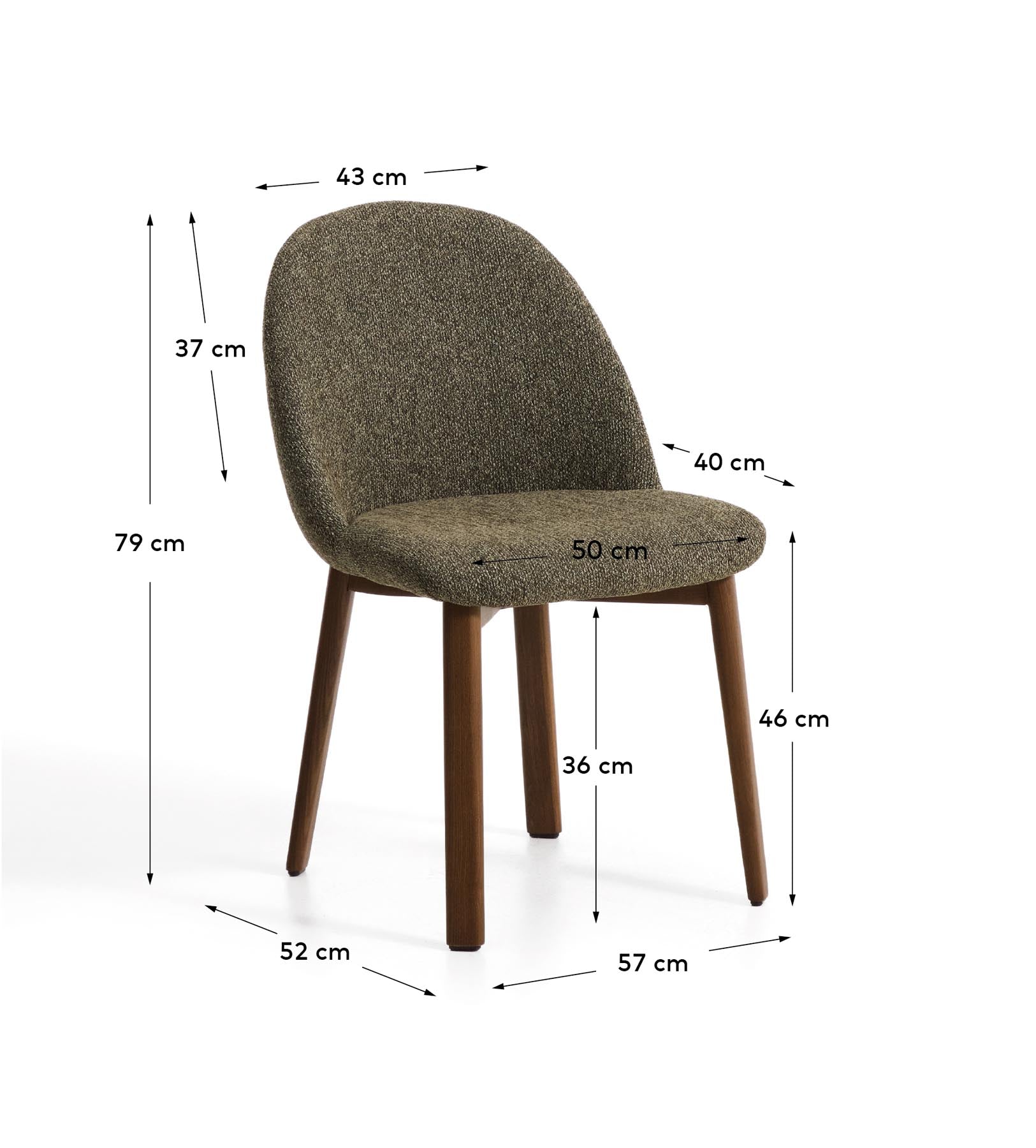 Stuhl Meila mit grüner Chenille und Beinen aus massivem Eschenholz mit Nussbaumfinish in Grün präsentiert im Onlineshop von KAQTU Design AG. Stuhl ist von Kave Home
