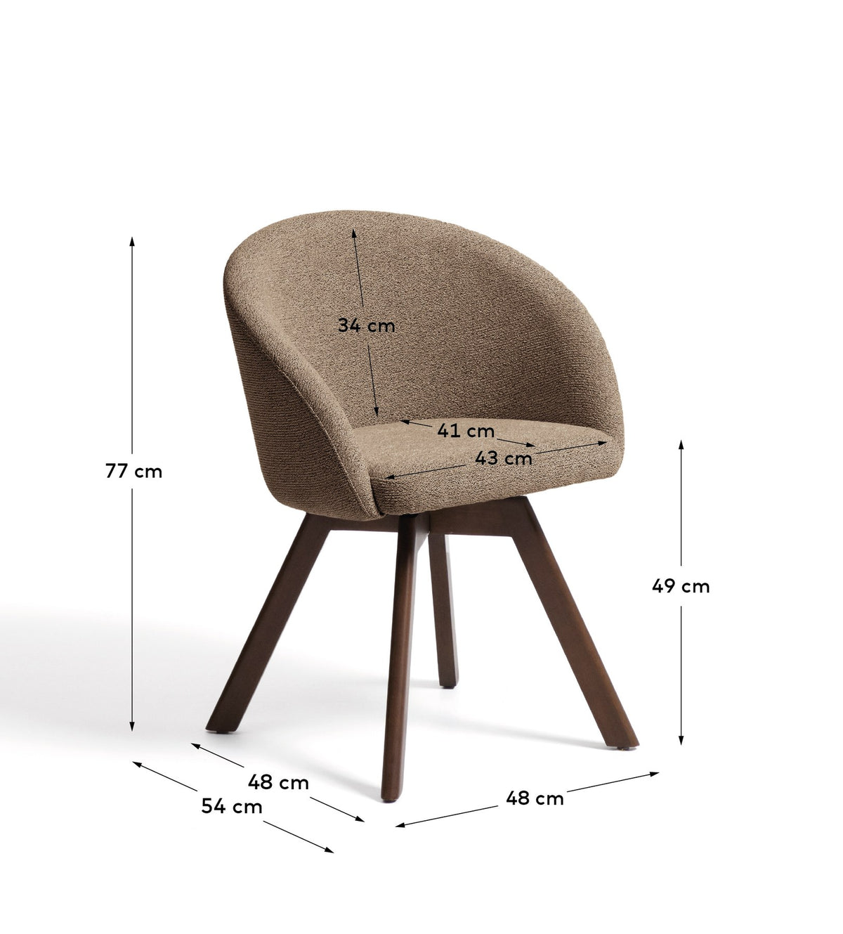 Marvin Drehstuhl mit brauner Chenille Beine aus massiver Buche mit Nussholzfinish FSC 100% in Braun präsentiert im Onlineshop von KAQTU Design AG. Dreh-Schalenstuhl mit Armlehnen ist von Kave Home